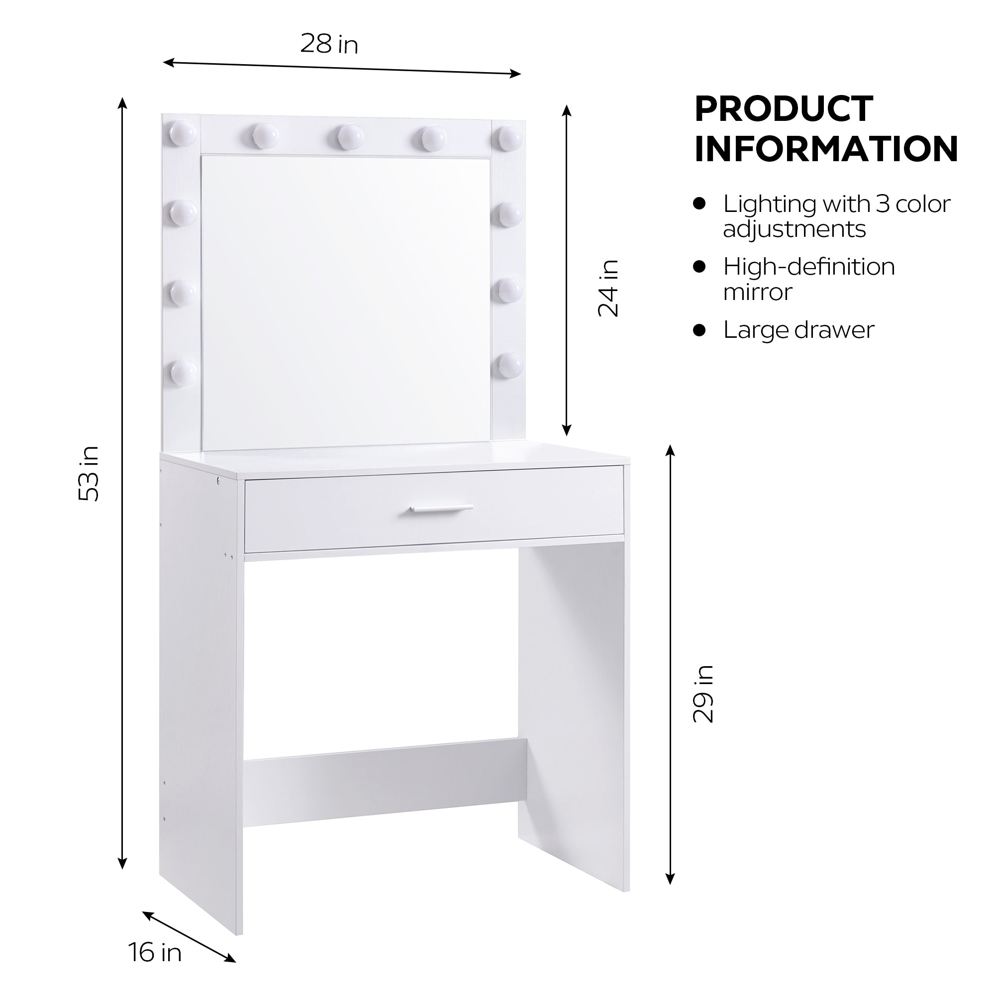HAOYYE Vanity Desk with Mirror and Lights, Dressing Table with Large Drawer, 1 Level Storage Dresser & 3 Lighting Modes Adjustable Brightness, Suitable for Bedroom(White)