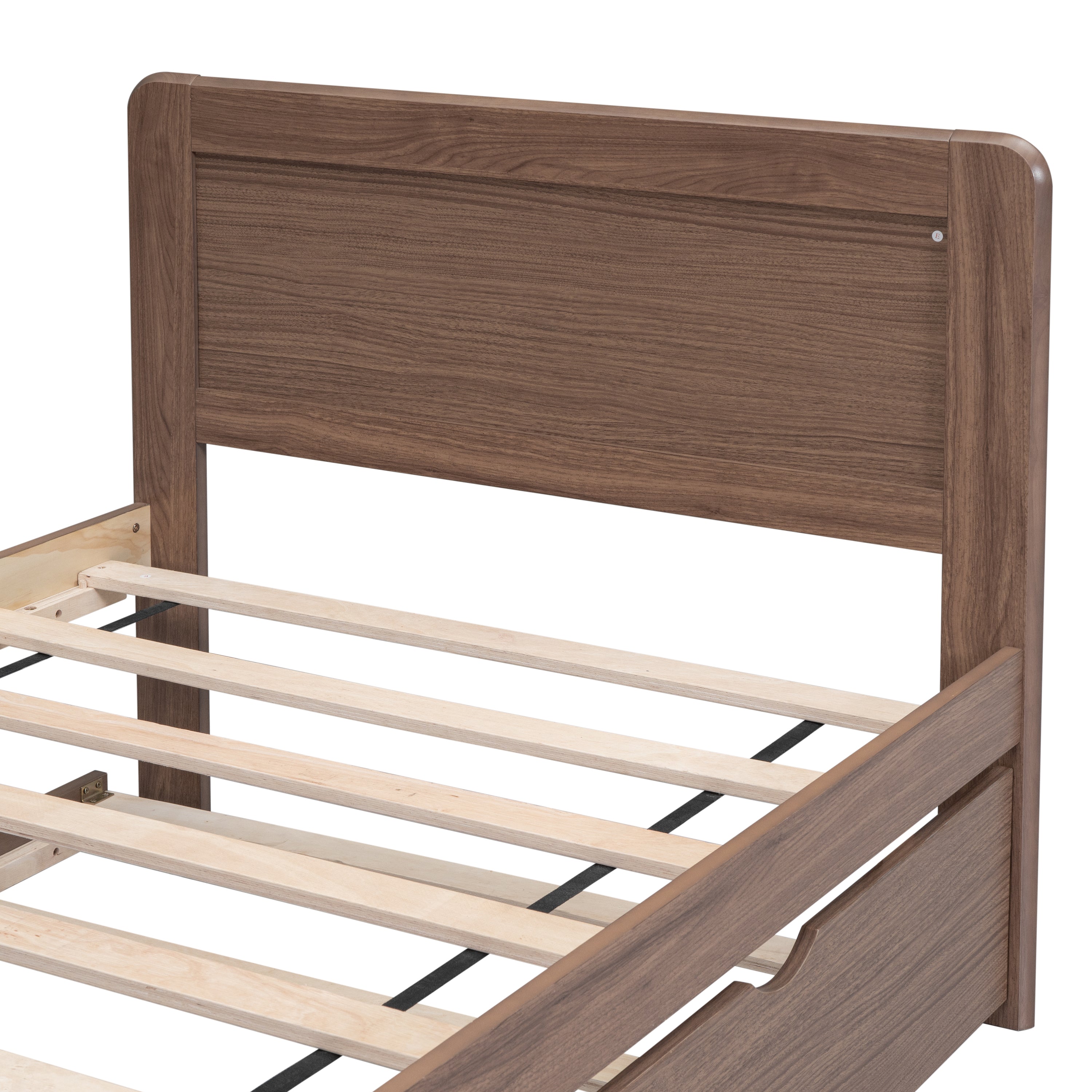 HAOYYE Modern Design Wooden Twin Size Platform Bed Frame with Trundle for Walnut Color Sturdy Space-Saving Heavy Duty Adults Dorm Room Easy Assembly Bedroom Furniture
