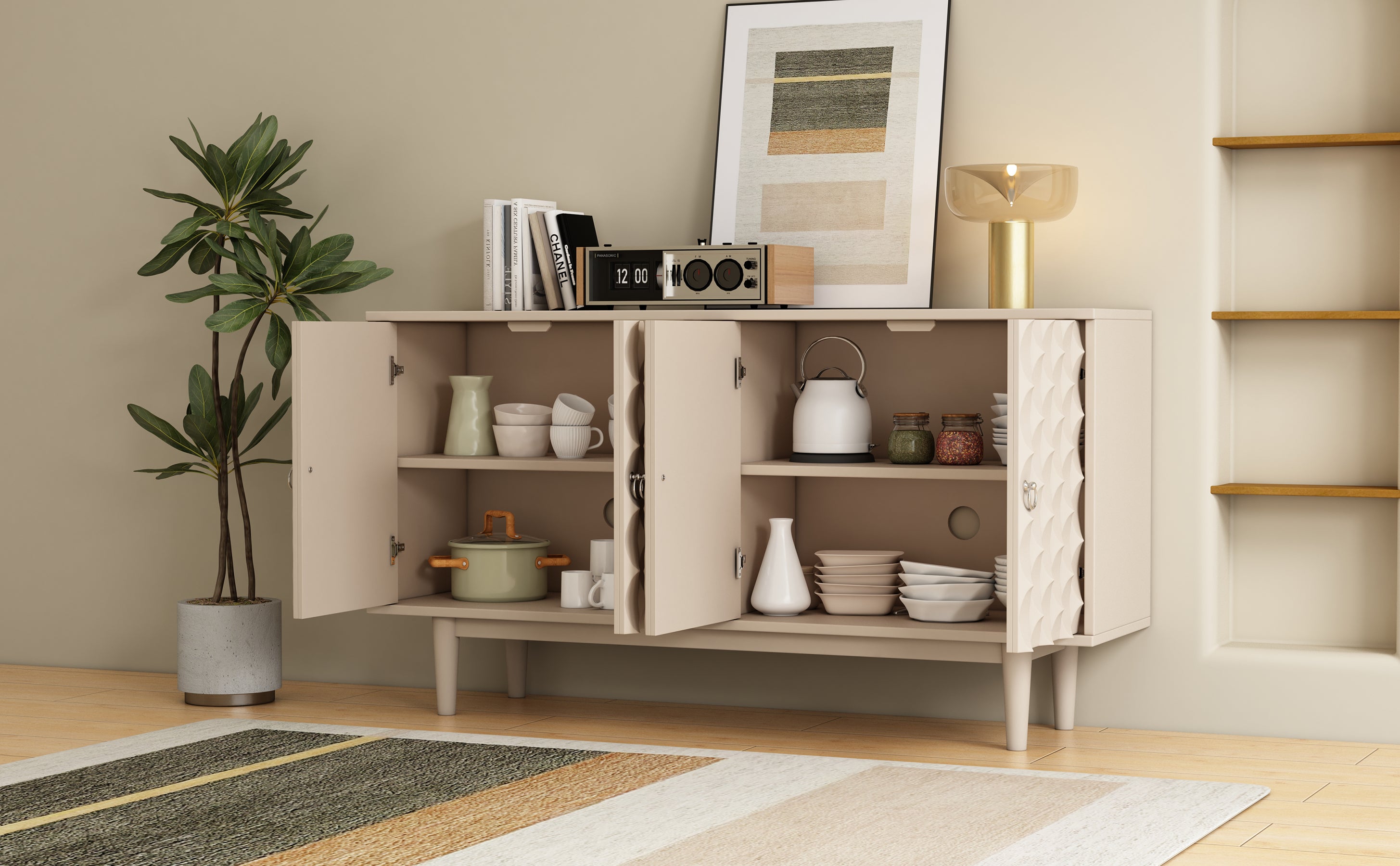 HAOYYE Modern 4-door Sideboard with Convex Pattern Doors and 2 Silver Handle for Living Room, Dining Room, Kitchen (Almond) Sturdy Space-Saving Heavy Duty Modern Design Easy Assembly Durable Stylish