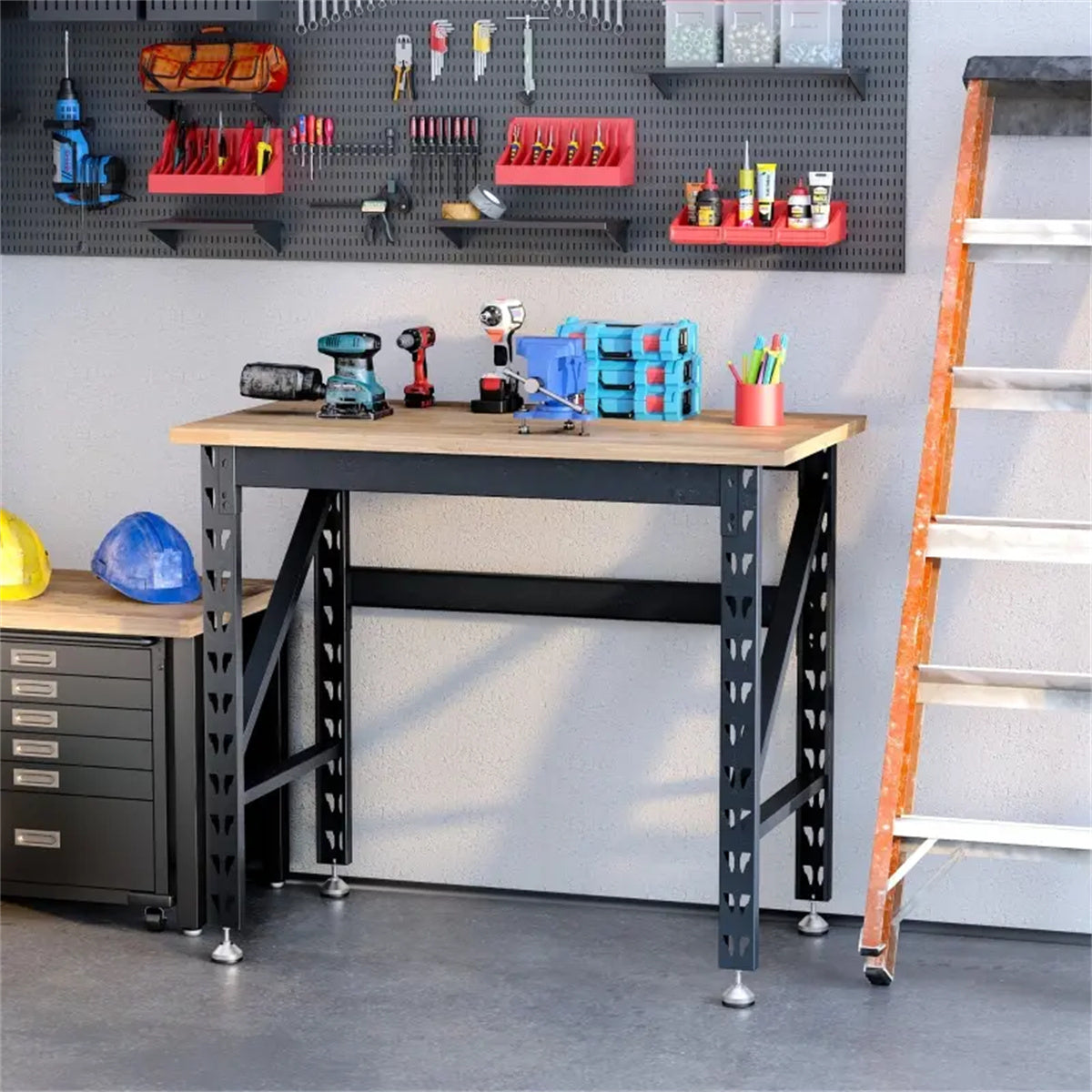 HAOYYE Garage Work Bench with Adjustable Footpads Wood Tabletop Heavy Duty Workstation Tool Table for Workshop Home Office Utility Workbench for Repair Assembly Craft Projects