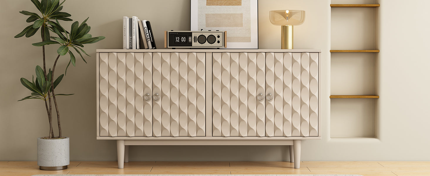 HAOYYE Modern 4-door Sideboard with Convex Pattern Doors and 2 Silver Handle for Living Room, Dining Room, Kitchen (Almond) Sturdy Space-Saving Heavy Duty Modern Design Easy Assembly Durable Stylish