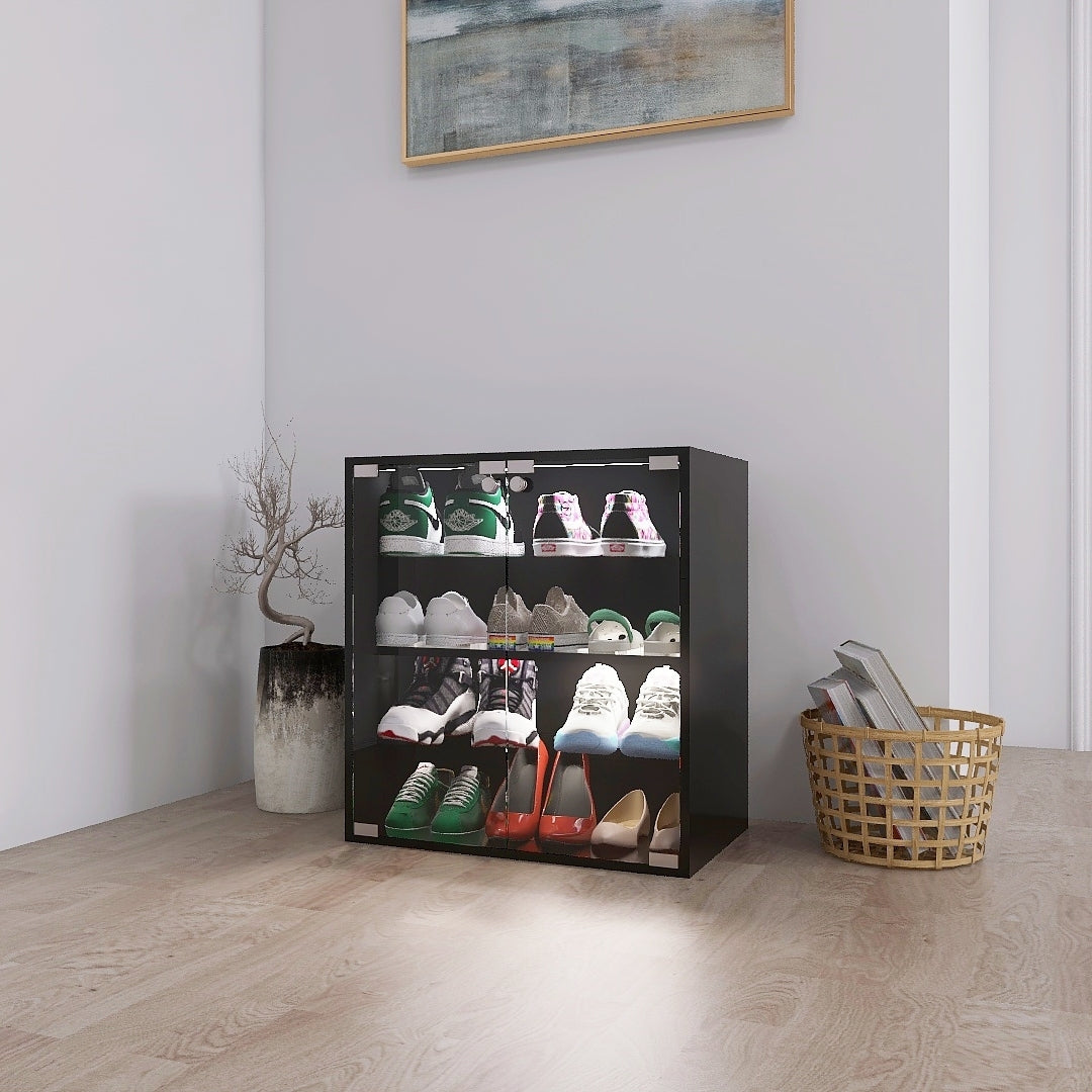 HAOYYE 4 Layers Black Shoe Cabinet with Glass Door and Glass Layer Shoes Display Cabinet with LED light Bluetooth Control Sturdy Space-Saving Heavy Duty Modern Design Adults Dorm Room Easy Assembly