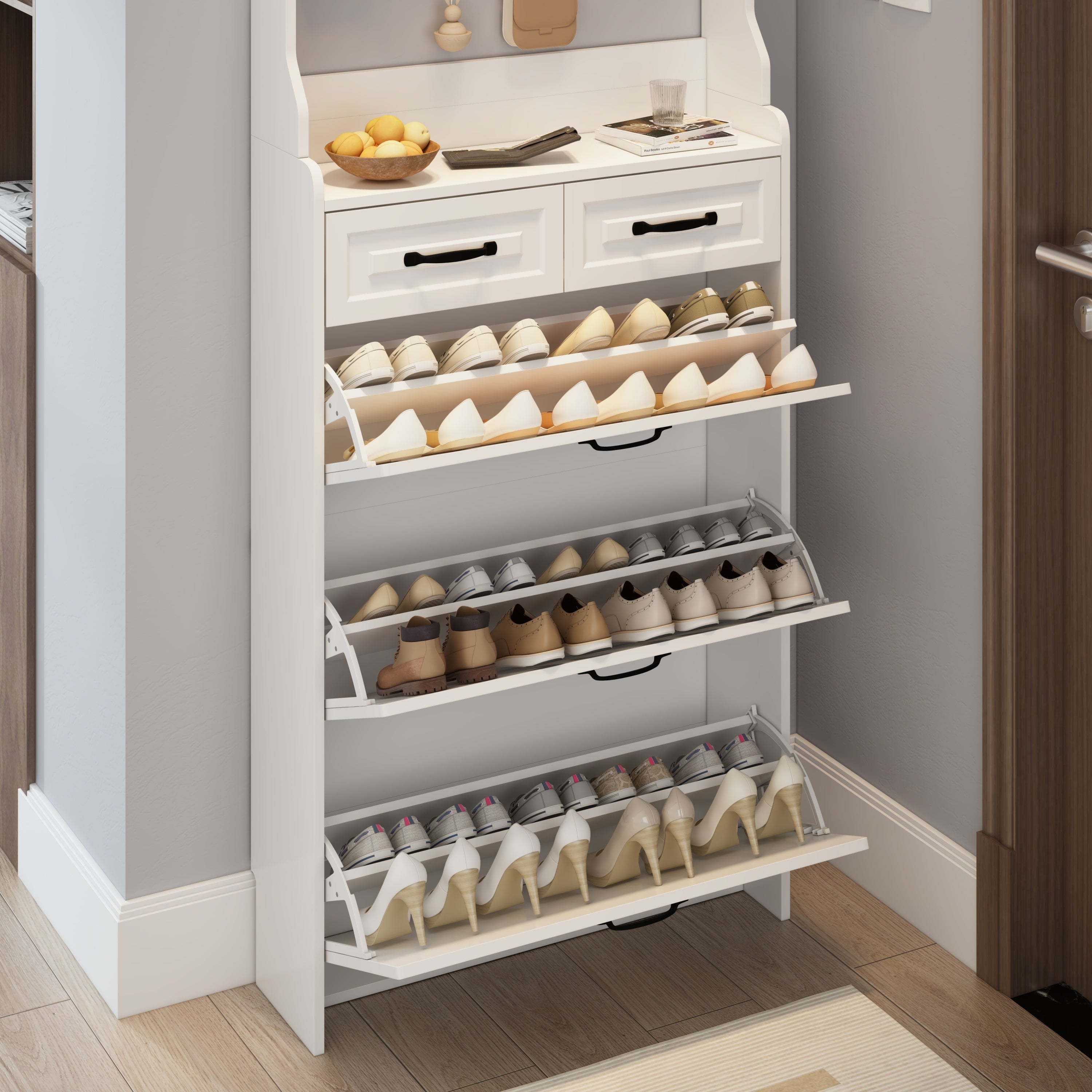 HAOYYE White Shoe Cabinet With 3 Doors 2 Drawers And Hanger, Large Capacity Storage Cabinet For Bedroom, Entryway, Or Dorm Room, Sturdy Modern Design, Space-Saving, Heavy Duty, Easy Assembly