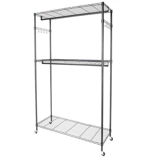 HAOYYE 2-Tier Rod Closet Organizer Garment Rack with Storage Shelf and Side Hooks, Portable Clothes Hanging Rack for Bedroom Entryway Apartment, Heavy Duty Metal Frame Wardrobe Organizer in Black