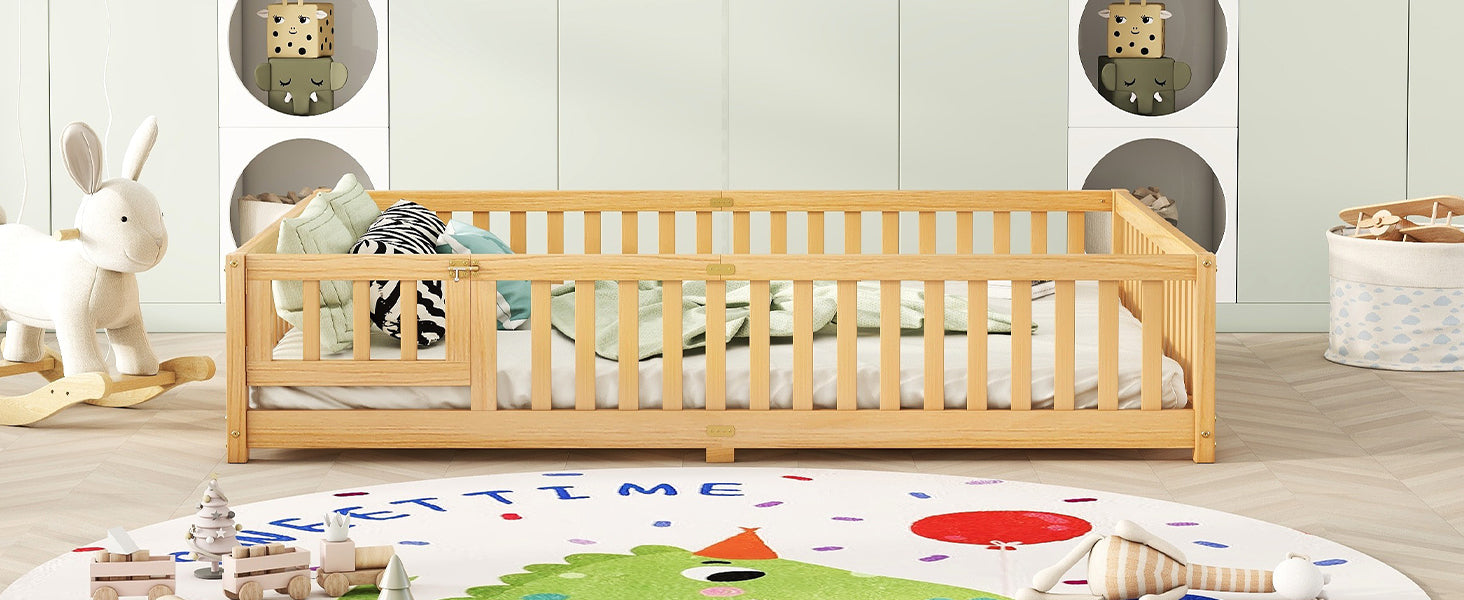 HAOYYE Queen Size Bed Floor Bed with Safety Guardrails and Door for , Natural(Expect Arrival Date 2024.7.26), Old SKU W158090701 Sturdy Space-Saving Heavy Duty Modern Design Adults Dorm Room