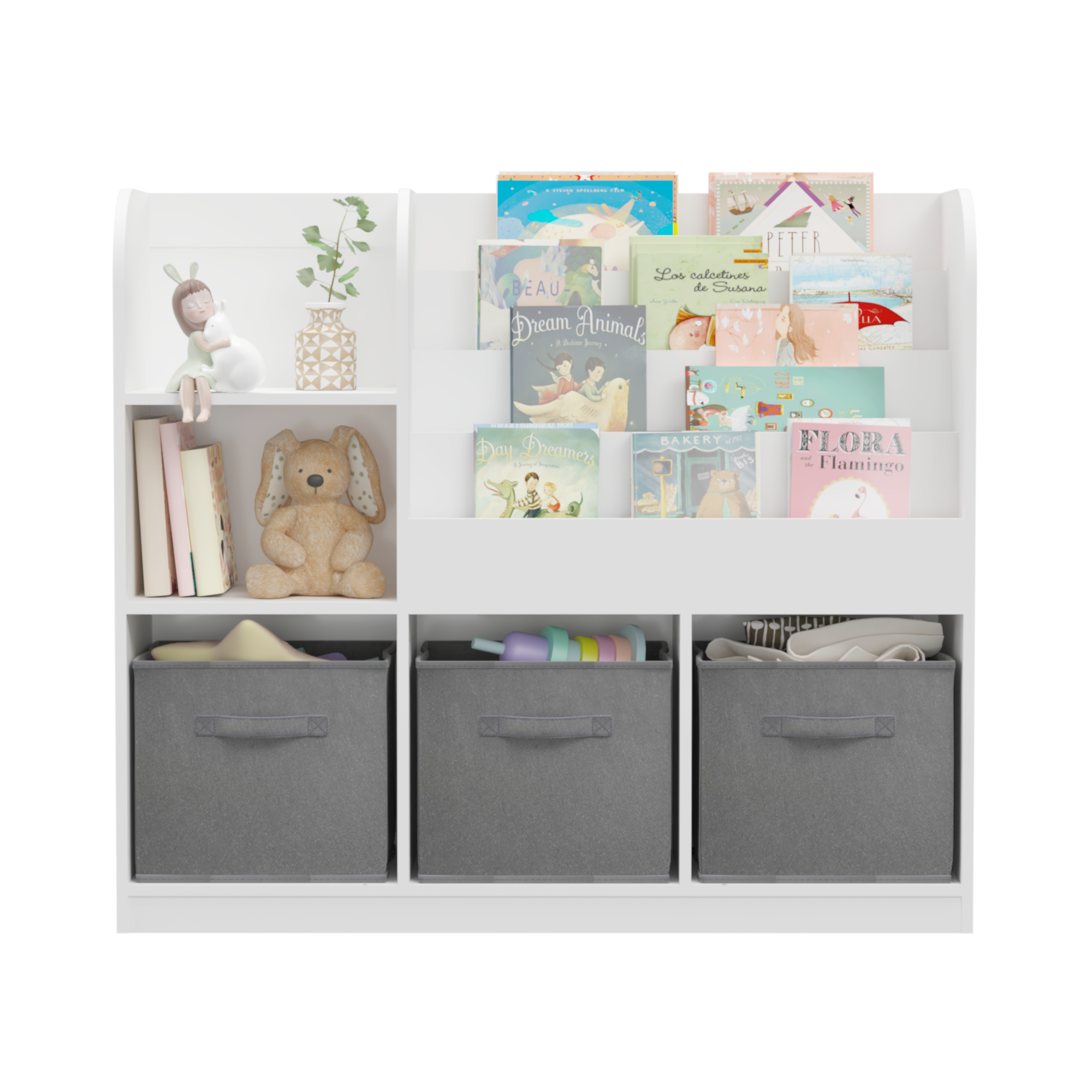 HAOYYE Bookcase and Bookshelf, Multifunctional Display Stand With 3 Collapsible Fabric Drawers, Toy Storage Organizer for Bedroom, Playroom, or Hallway, White/Gray, Sturdy Space-Saving Design