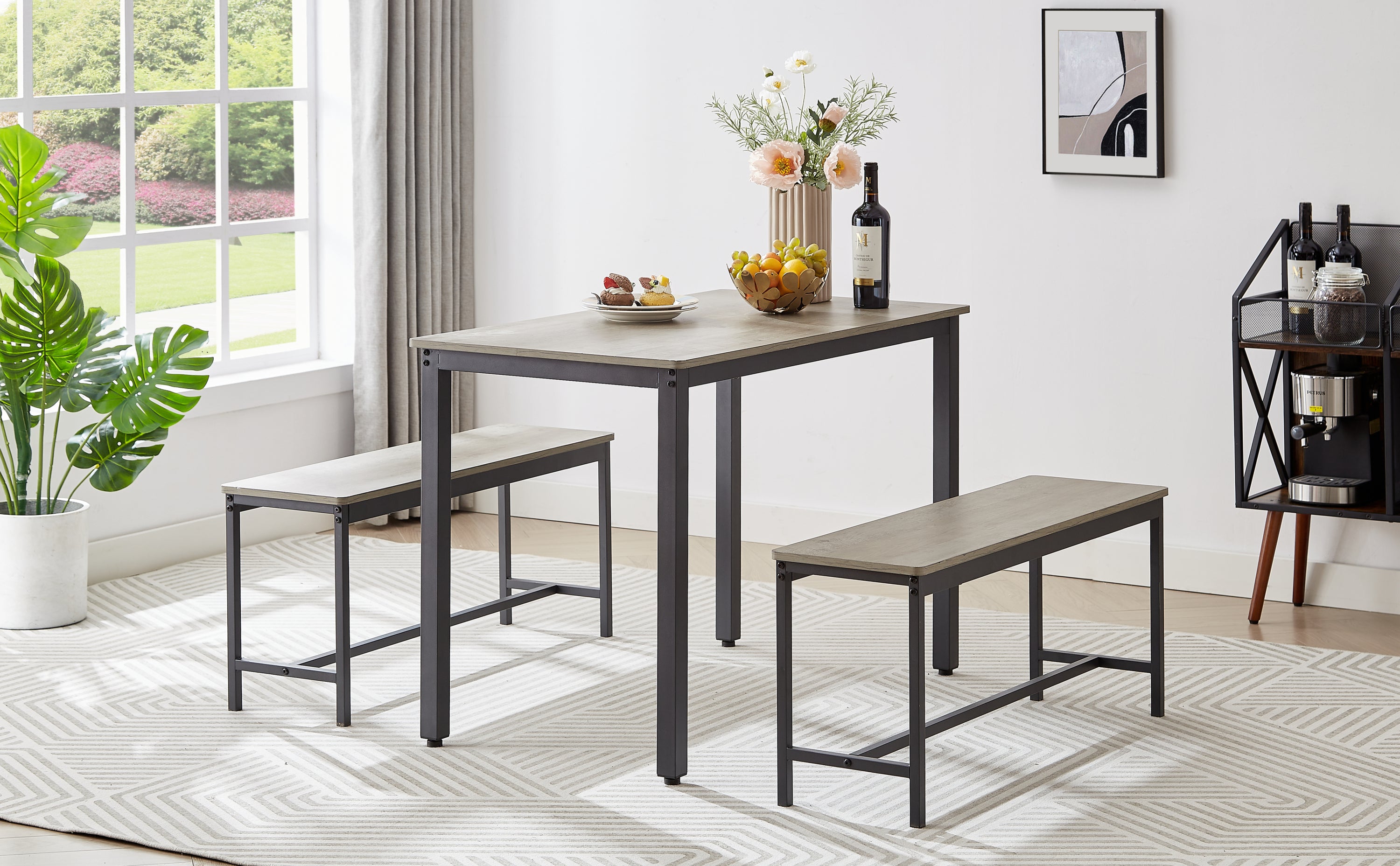 HAOYYE Industrial Dining Table Set with 2 Dining Benches, Modern Bar Table with Chairs for Kitchen, Breakfast Nook, Living Room, and Party Room, Grey and Black Finish, Sturdy Construction for Everyday Use