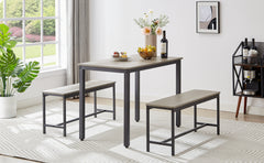 HAOYYE Industrial Dining Table Set with 2 Dining Benches, Modern Bar Table with Chairs for Kitchen, Breakfast Nook, Living Room, and Party Room, Grey and Black Finish, Sturdy Construction for Everyday Use