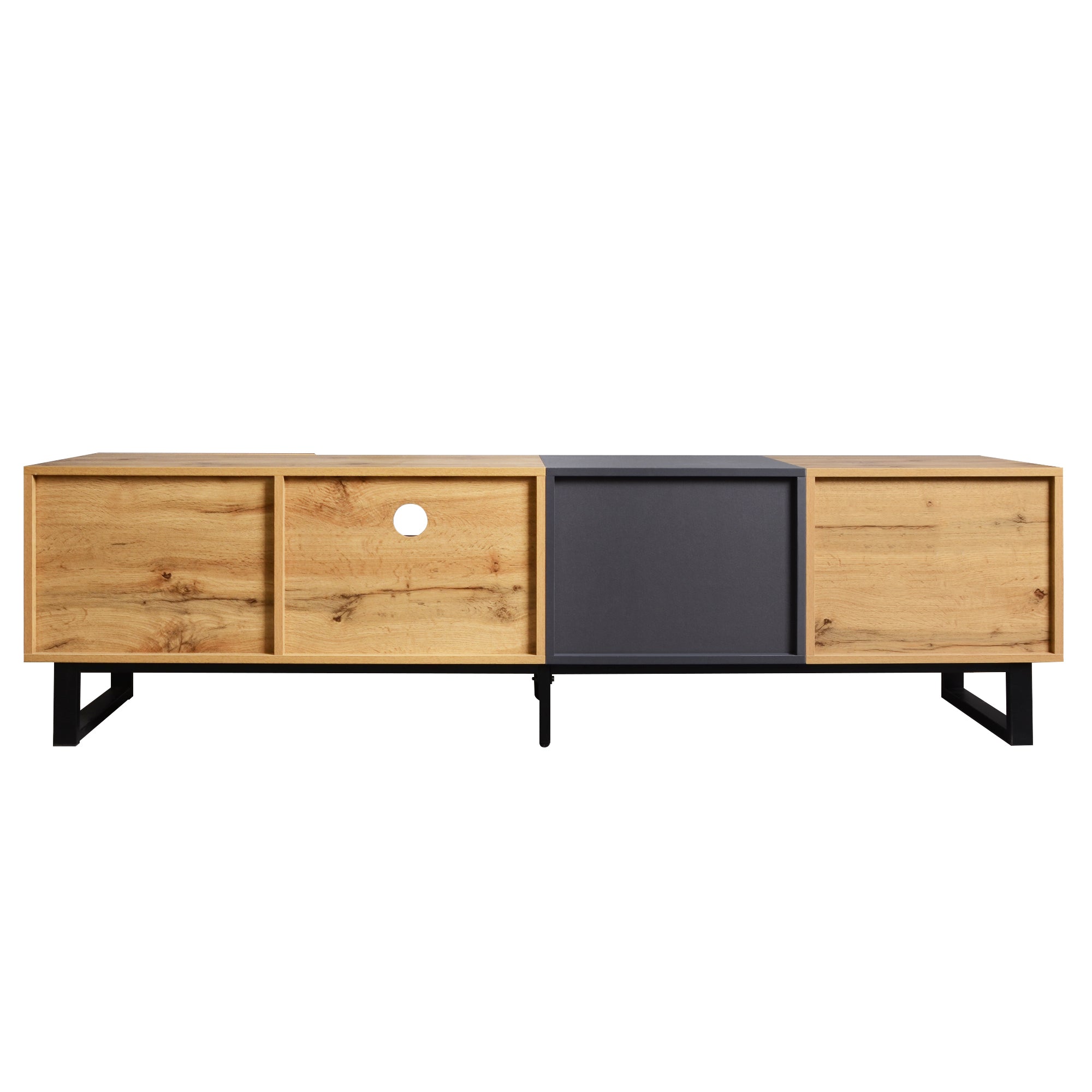 HAOYYE Modern TV Stand with 3 Cabinets and Open Shelves, Color-Matched Media Console Table for TVs up to 80 Inches, Entertainment Center with Drop Down Door for Living Room, Bedroom, and Home Theatre, Sturdy, Space-Saving Heavy Duty Design
