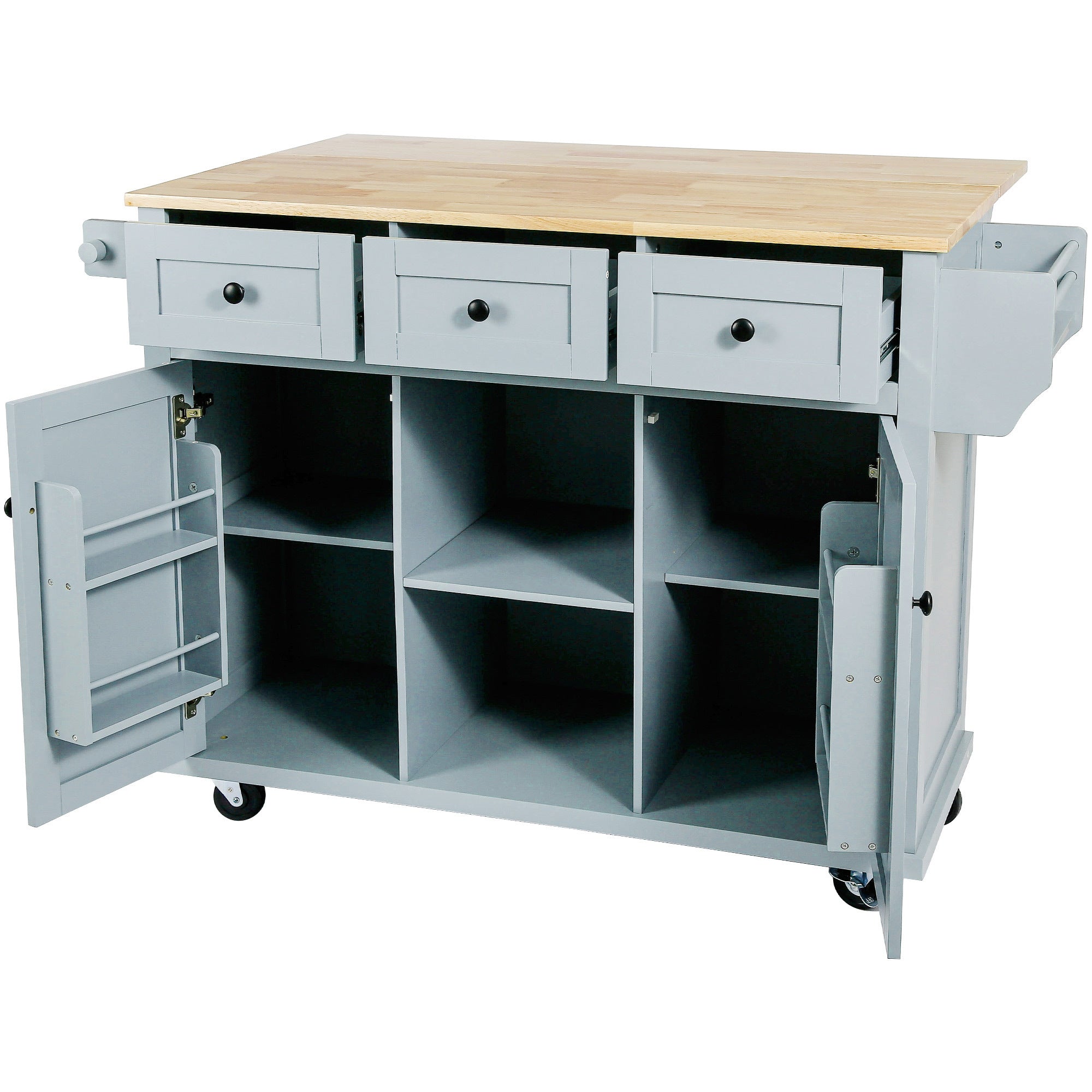 HAOYYE Kitchen Cart with Rubberwood Drop-Leaf Countertop, Cabinet Door Internal Storage Racks, Kitchen Island on 5 Wheels with Storage Cabinet and 3 Drawers for Dining Room, Grey Blue, Sturdy Space-Saving Design, Durable Home Furniture