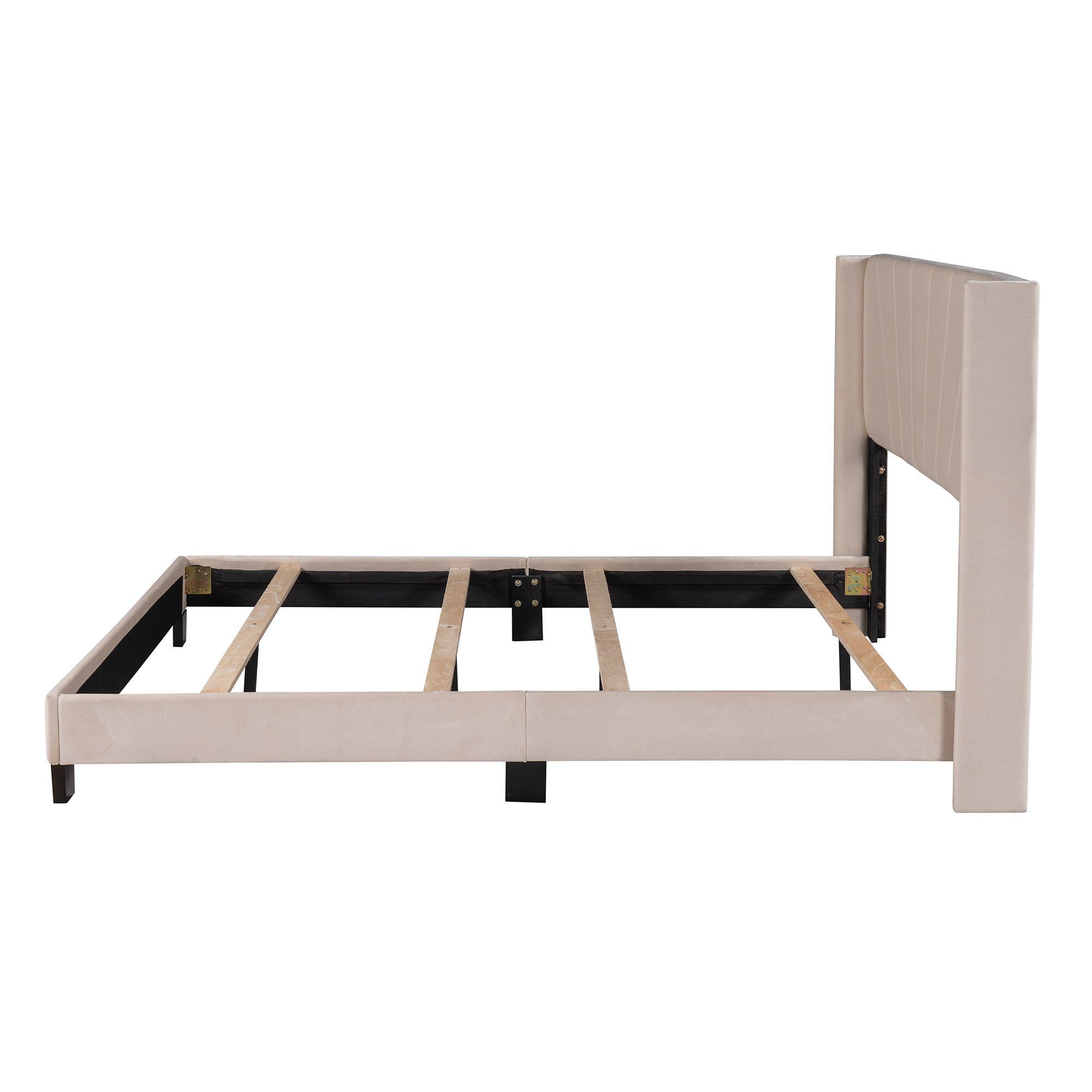 HAOYYE Queen Size Velvet Upholstered Platform Bed, Box Spring Needed - Beige Sturdy Space-Saving Heavy Duty Modern Design Adults Dorm Room Easy Assembly Bedroom Furniture