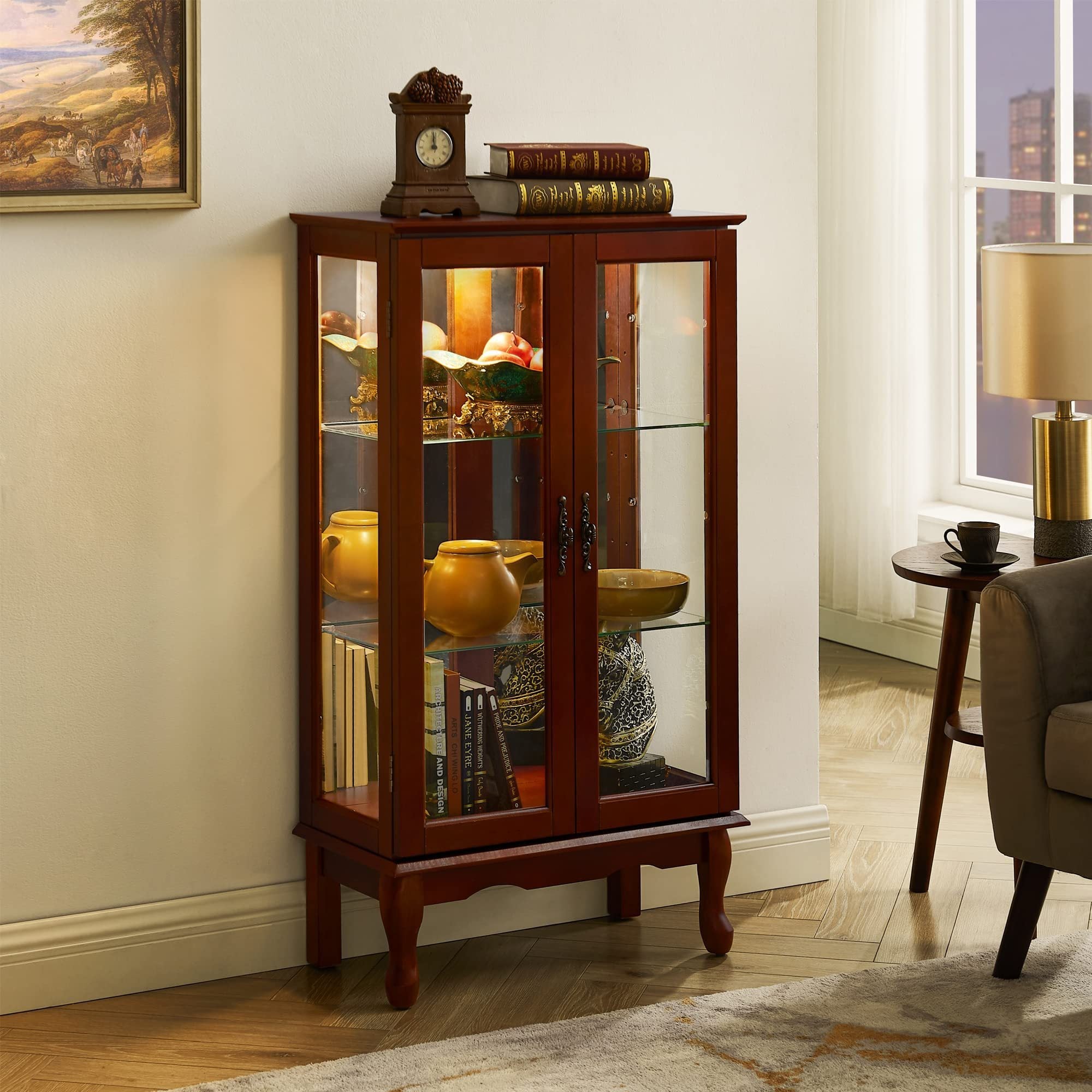 HAOYYE Curio Cabinet Lighted Curio Diapaly Cabinet with Adjustable Shelves and Mirrored Back Panel, Tempered Glass Doors (Cherry, 3 Tier), (E26 light bulb not included) Sturdy Space-Saving Heavy Duty