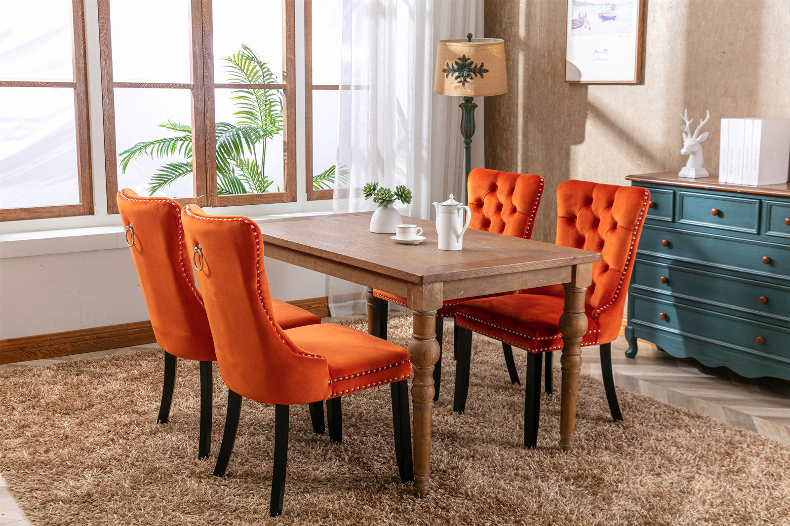 HAOYYE High-end Tufted Solid Wood Contemporary Velvet Upholstered Dining Chair with Wood Legs Nailhead Trim 2-Pcs Set, Orange, SW2001OG Sturdy Space-Saving Heavy Duty Modern Design