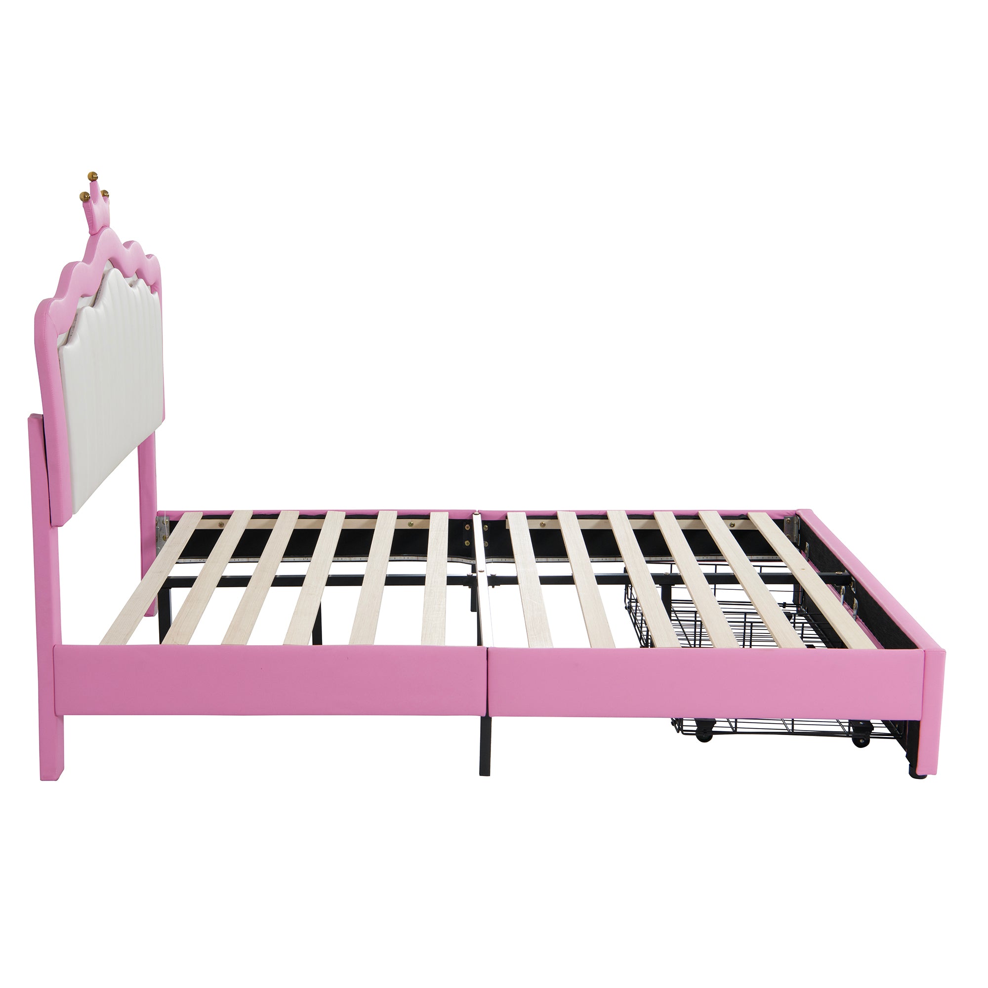 HAOYYE Full Size Upholstered Bed Frame With LED Lights, Modern Princess Bed With Crown Headboard And 2 Drawers, Pink And White, Sturdy Space-Saving Heavy Duty Design For Adults And Dorm Rooms