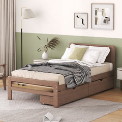 HAOYYE Modern Twin Size Platform Bed Frame With 2 Drawers, Walnut Finish, Space-Saving Heavy Duty Construction, Ideal For Adults And Dorm Rooms, Easy Assembly Bedroom Furniture