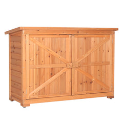 HAOYYE Double Doors Fir Wood Outdoor Storage Cabinet with Lock, Weatherproof Garden Shed Locker for Tools and Patio Supplies, Vertical Organizer Unit with Shelves for Backyard, Porch, or Balcony Use Orange Red
