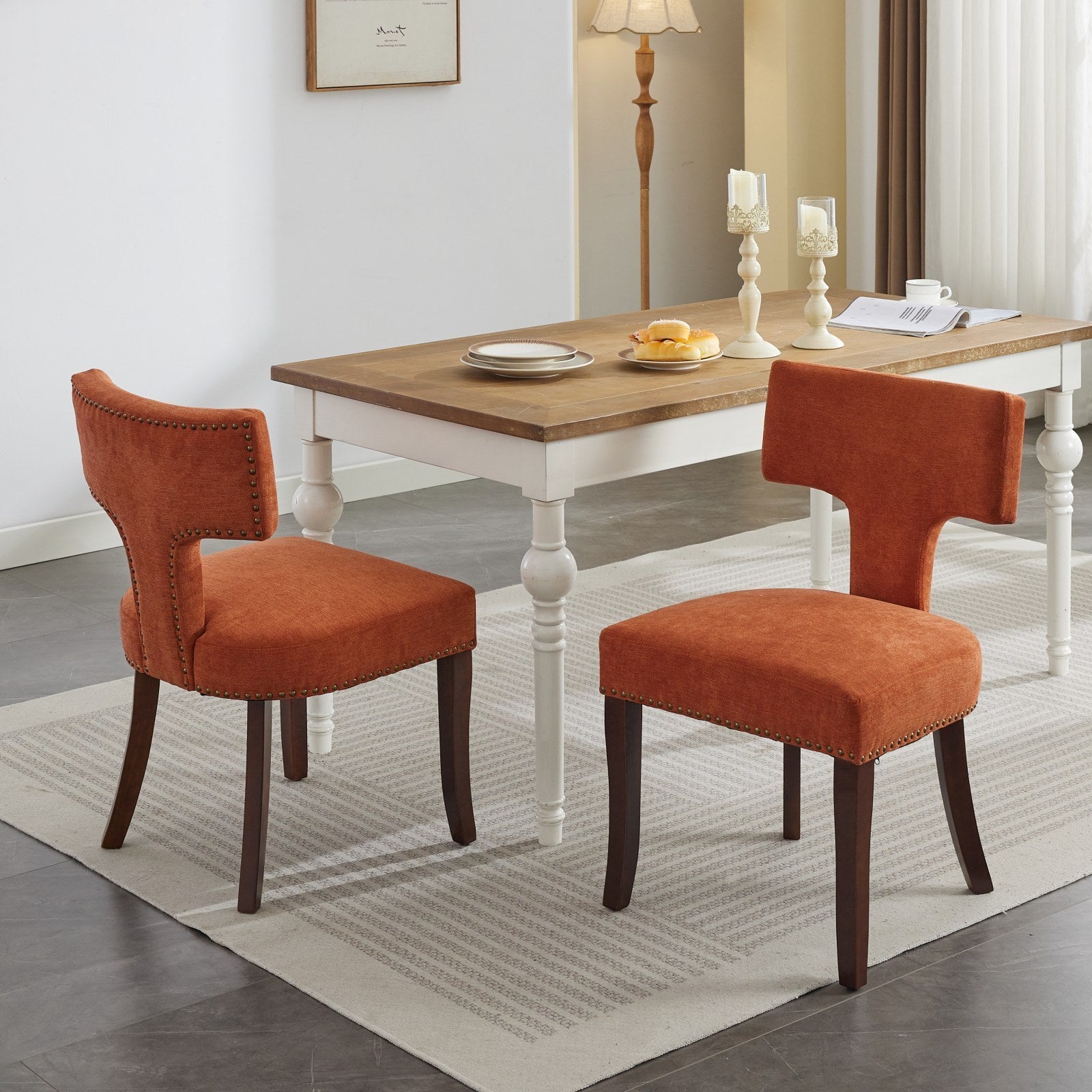 HAOYYE Mid Century Modern Dining Chairs Set of 2, Farmhouse Linen Fabric Upholstered Accent Chair Curved Backrest with Copper Nails around,Kitchen Chairs with Hardwood Frame, Orange Sturdy Space-Saving