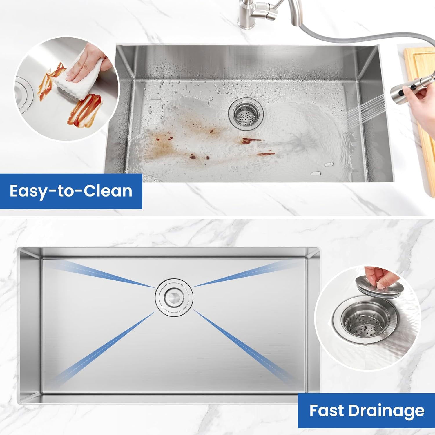 HAOYYE 27" L X 18" W Undermount Single Bowl 16 Gauge 304 Stainless Steel Kitchen Sink (Sink Only) Sturdy Space-Saving Heavy Duty Modern Design Adults Dorm Room Easy Assembly Bedroom Furniture