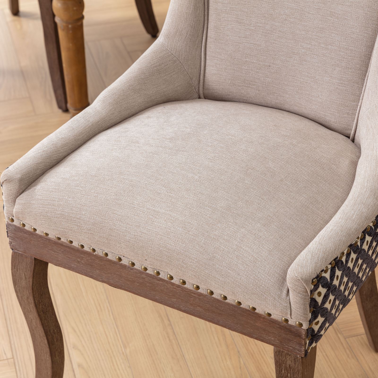 HAOYYE Ultra Side Dining Chair, Thickened fabric chairs with neutrally toned solid wood legs, Bronze nail head, Set of 2, Beige and Patterned,SW2207BG Sturdy Space-Saving Heavy Duty