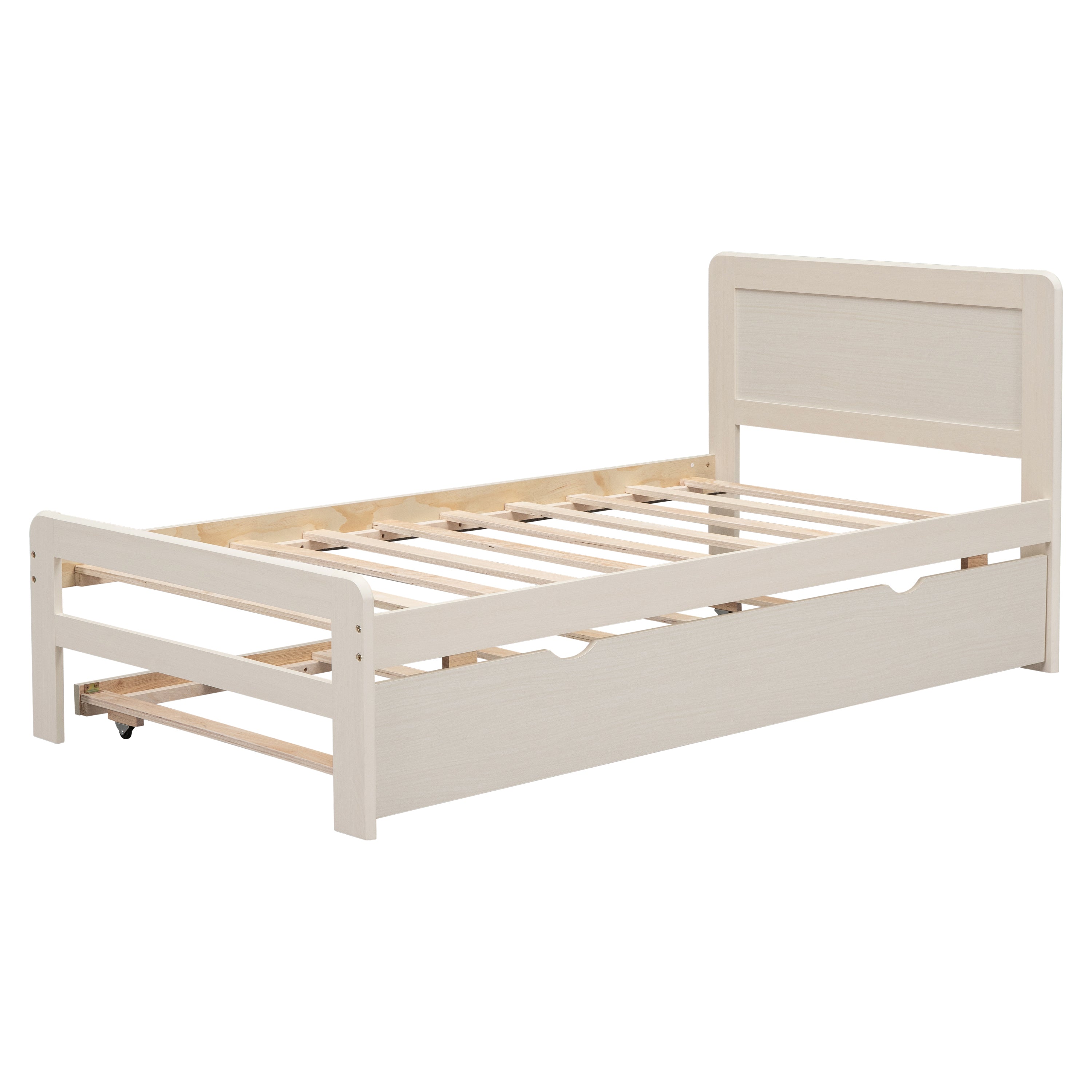 HAOYYE Modern Design Twin Size Platform Bed Frame with Trundle for White Washed Color Sturdy Space-Saving Heavy Duty Easy Assembly Durable Stylish Home Furniture Versatile