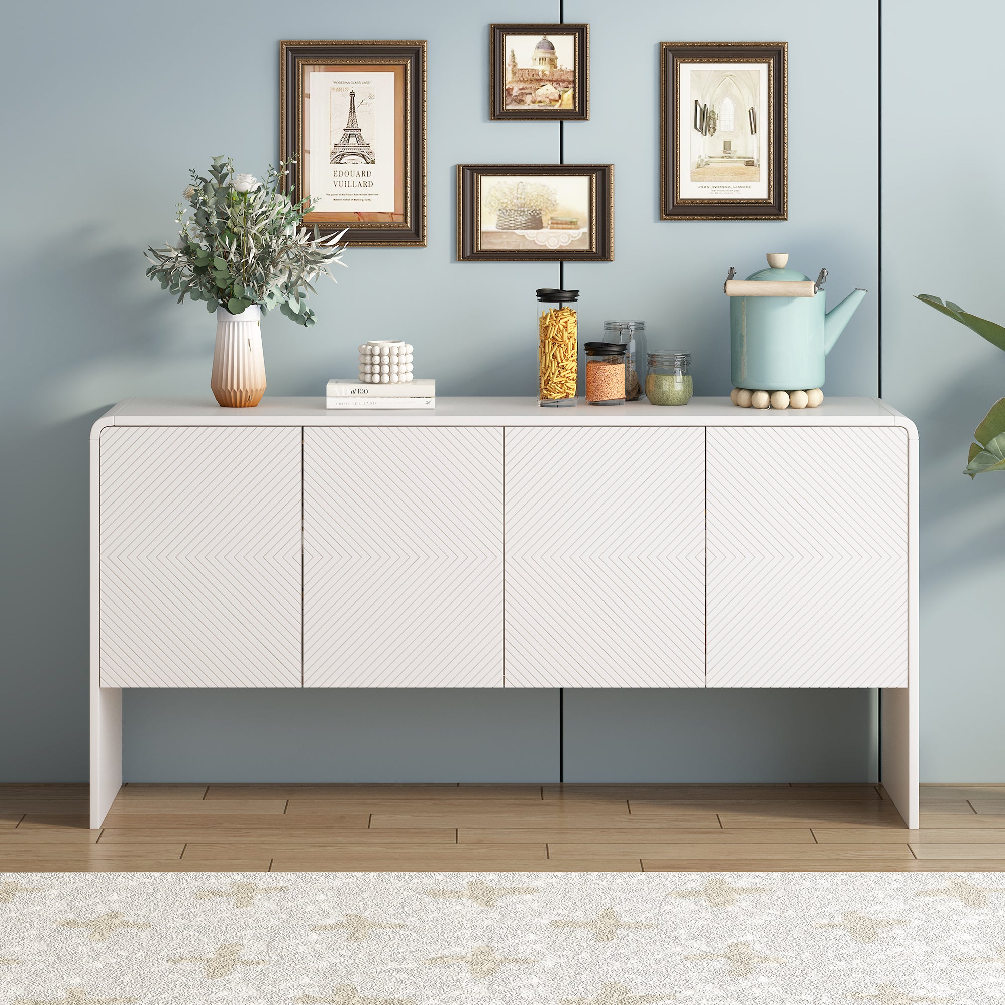 HAOYYE Minimalist Style 60"L Large Storage Space Sideboard with 4 Doors and Rebound Device for Living Room and Entryway (White) Sturdy Space-Saving Heavy Duty Modern Design Adults Dorm Room