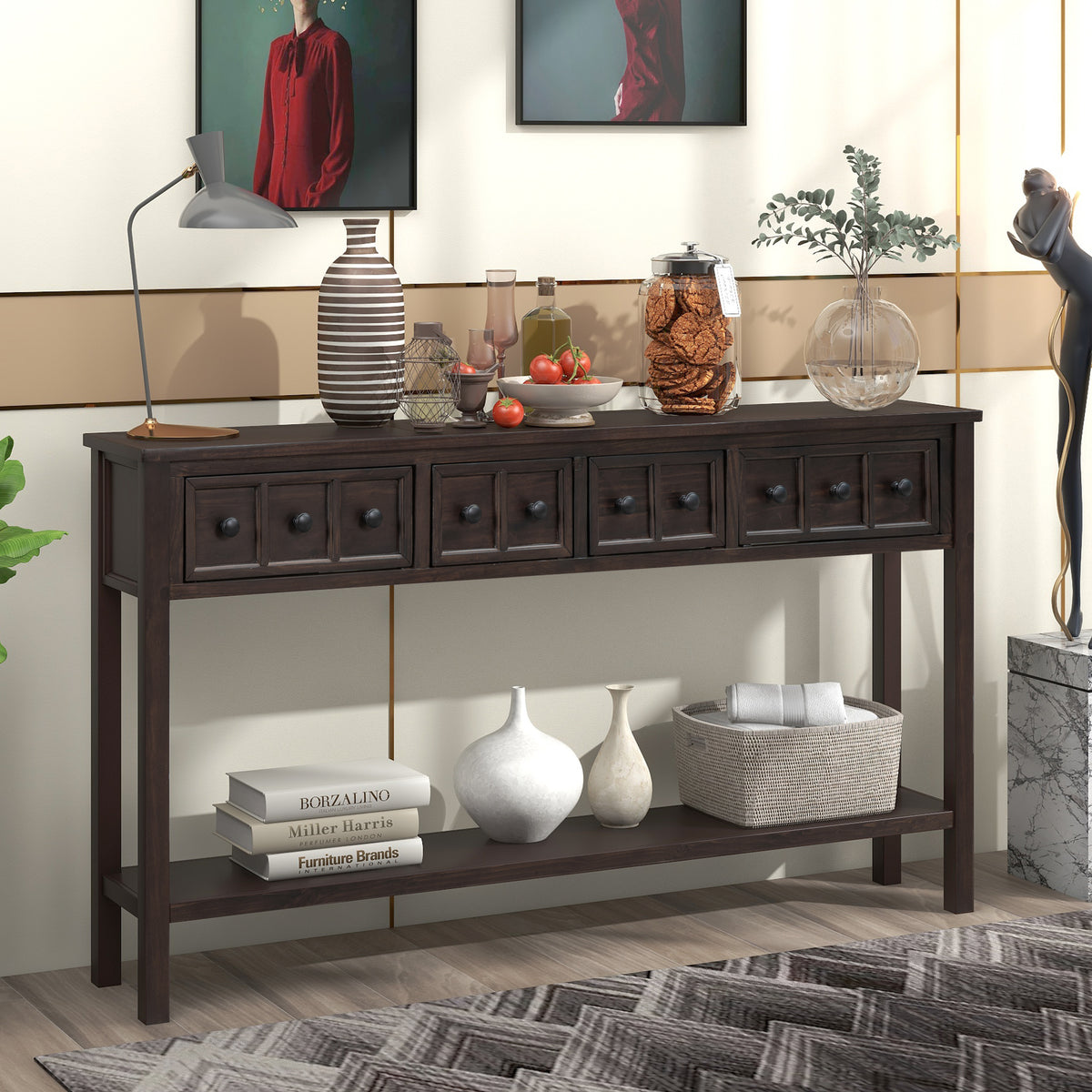HAOYYE Rustic Entryway Console Table, Long Sofa Table with Two Drawers and Bottom Storage Shelf, Espresso, Sturdy Space-Saving Design, Heavy Duty Construction, Easy Assembly, Durable and Stylish Home Furniture