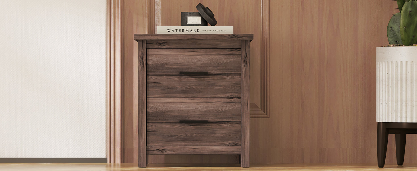 HAOYYE Vintage Nightstand with Two Drawers, Dark Walnut Sturdy Space-Saving Design, Heavy Duty Modern Bedroom Furniture for Adults, Easy Assembly
