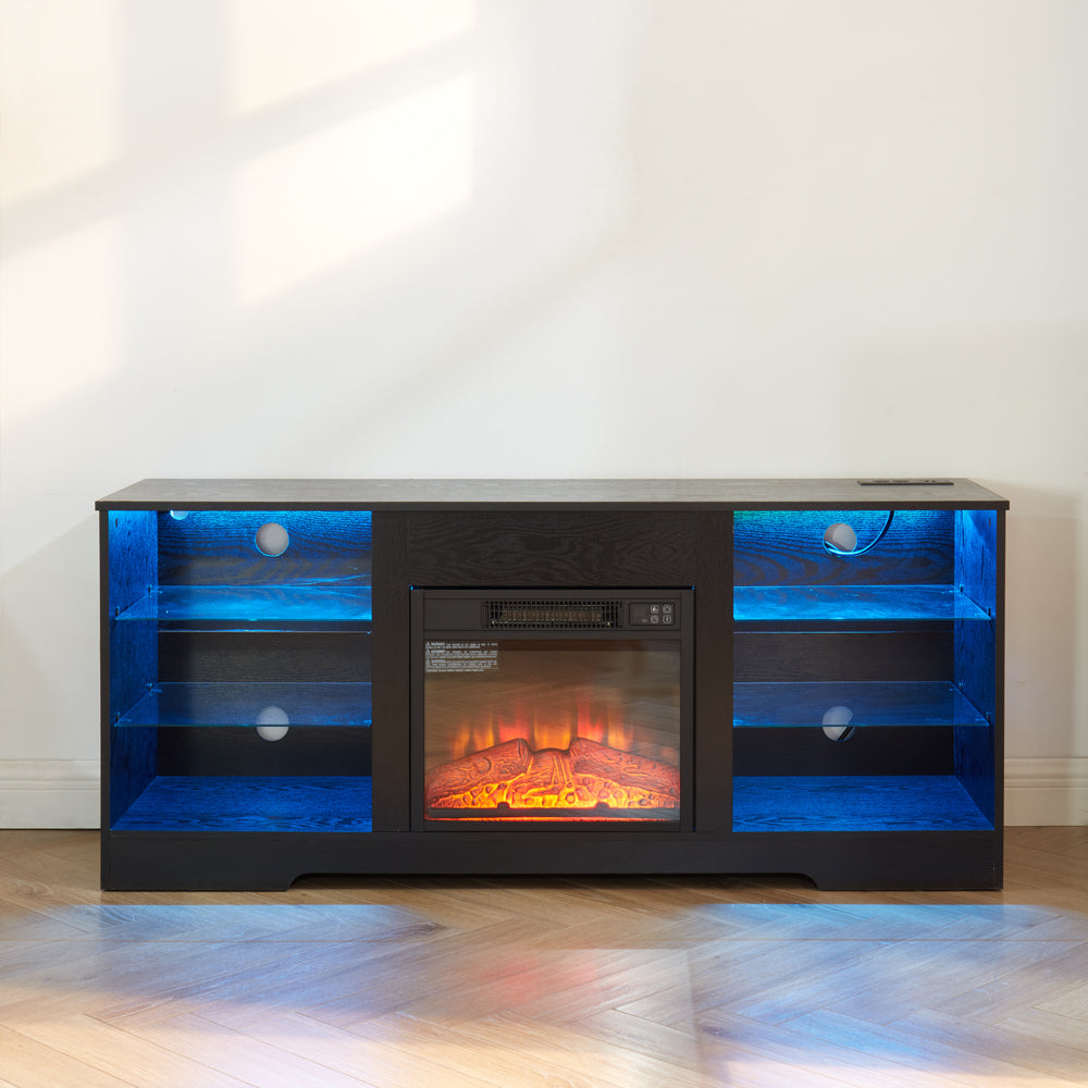 HAOYYE Modern TV Stand With Electric Fireplace, Glass Shelves, 3D Wood Design, LED Lights, And USB Charging Outlet – Entertainment Console Table For TVs From 32 To 62 Inch, Sturdy, Space-Saving Heavy Duty Media Center In Black