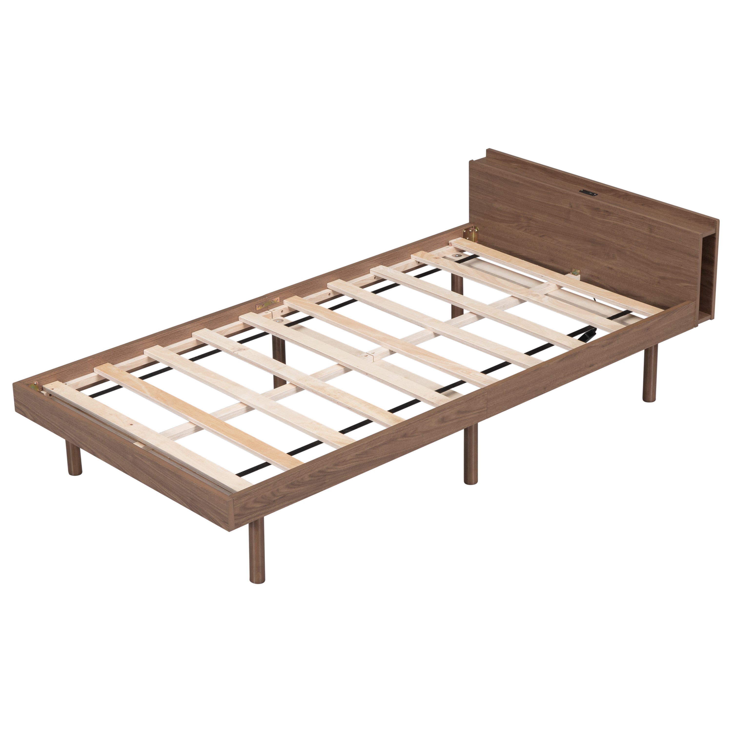 HAOYYE Modern Design Twin Size Platform Bed Frame with Built-in USB port for Walnut Color Sturdy Space-Saving Heavy Duty Easy Assembly Durable Stylish Home Furniture Versatile