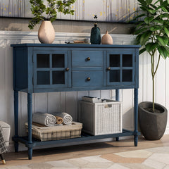 HAOYYE Sideboard Console Table with Bottom Shelf, Farmhouse Wood/Glass Buffet Storage Cabinet Living Room (Antique Navy) Sturdy Space-Saving Heavy Duty Modern Design Easy Assembly Durable Stylish