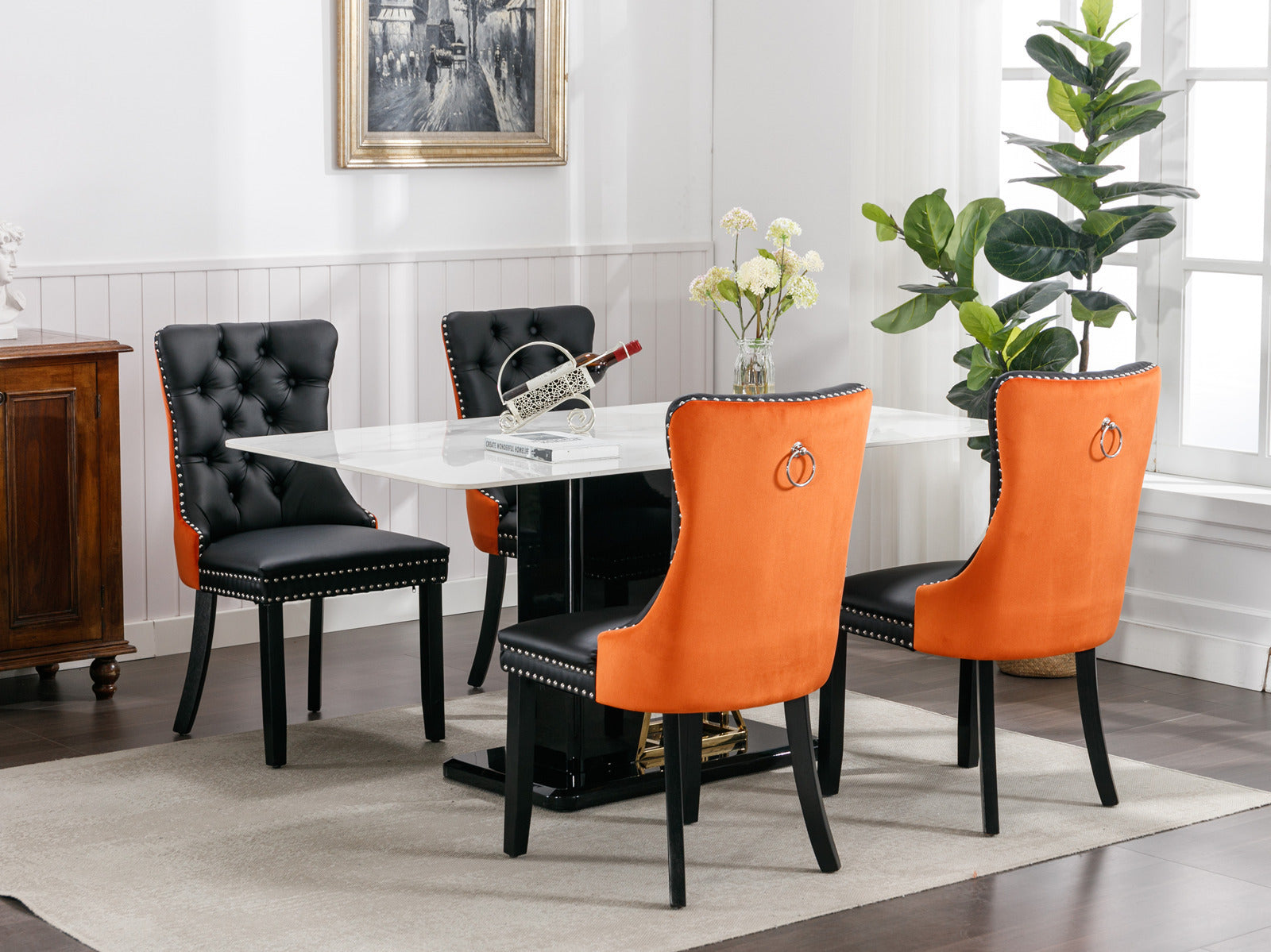 HAOYYE Nikki Collection Modern, High-end Tufted Solid Wood Contemporary PU and Velvet Upholstered Dining Chair with Wood Legs Nailhead Trim 2-Pcs Set lack+Orange, SW2101BO Sturdy Space-Saving