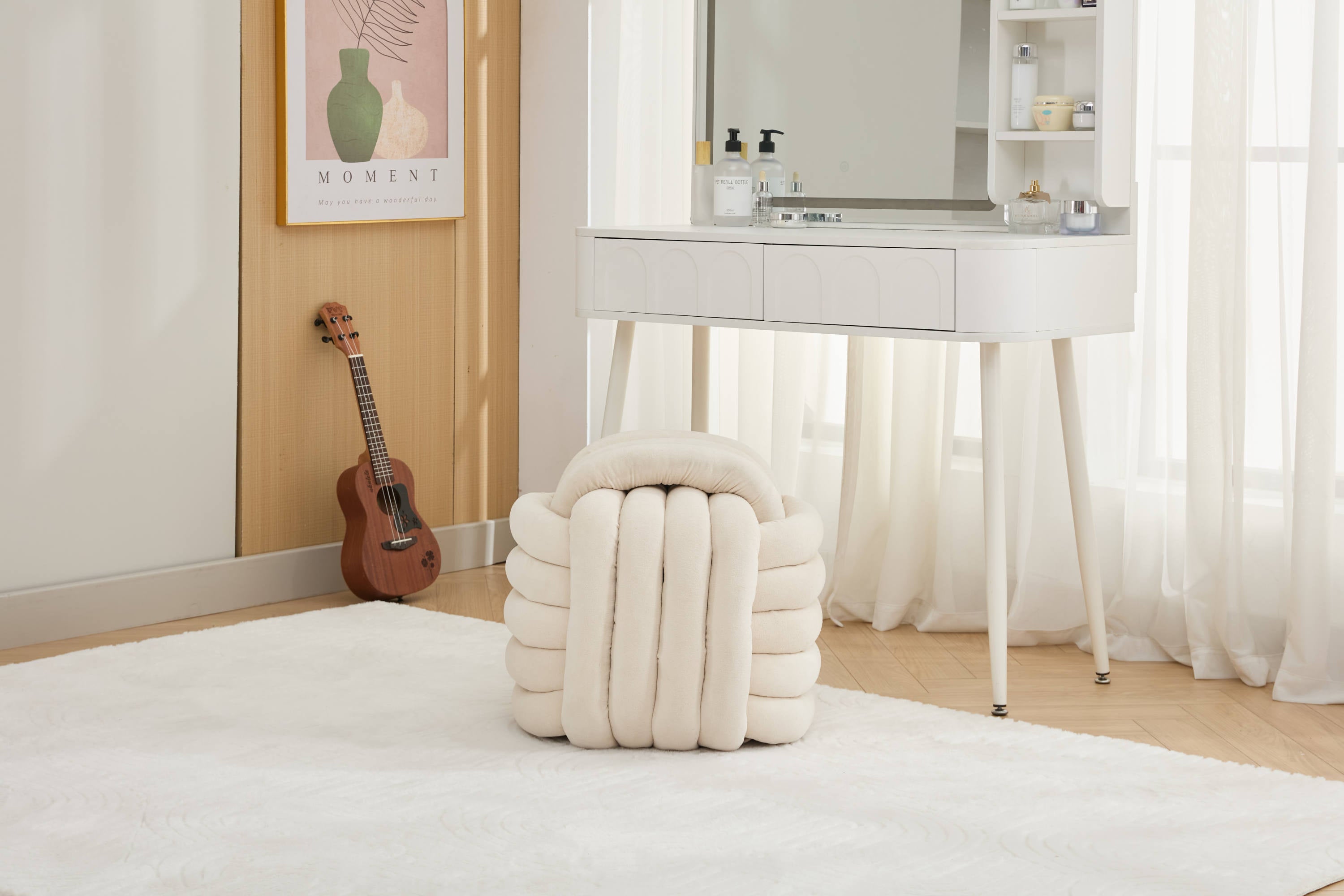 Haoyye Chenille Fabric Knot Design Ottoman Footstool Makeup Stool, Comfortable and Stylish Seat, Modern Upholstered Chair for Living Room or Bedroom, Beige, Sturdy and Space-Saving Furniture