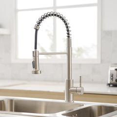 HAOYYE Commercial Brushed Nickel Kitchen Faucet with Pull Out Sprayer, Single Handle Single Lever Kitchen Sink Faucet Sturdy Space-Saving Heavy Duty Modern Design Adults Dorm Room Easy Assembly