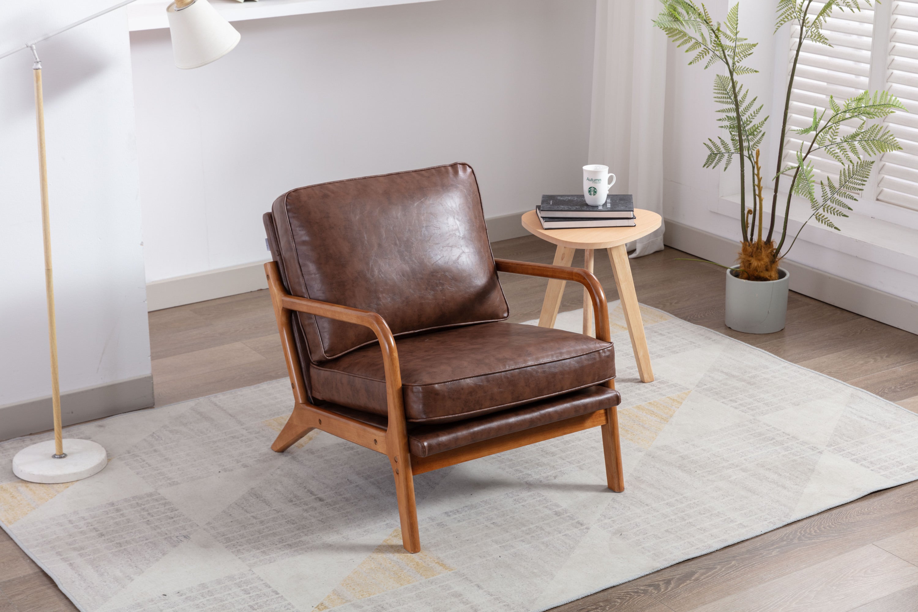 HAOYYE Mid Century Modern Accent Chair, Comfy Fabric Living Room Chairs with Solid Wood Frame, Lounge Reading Armchair, Easy Assembly (Brown PU) Sturdy Space-Saving Heavy Duty Modern Design