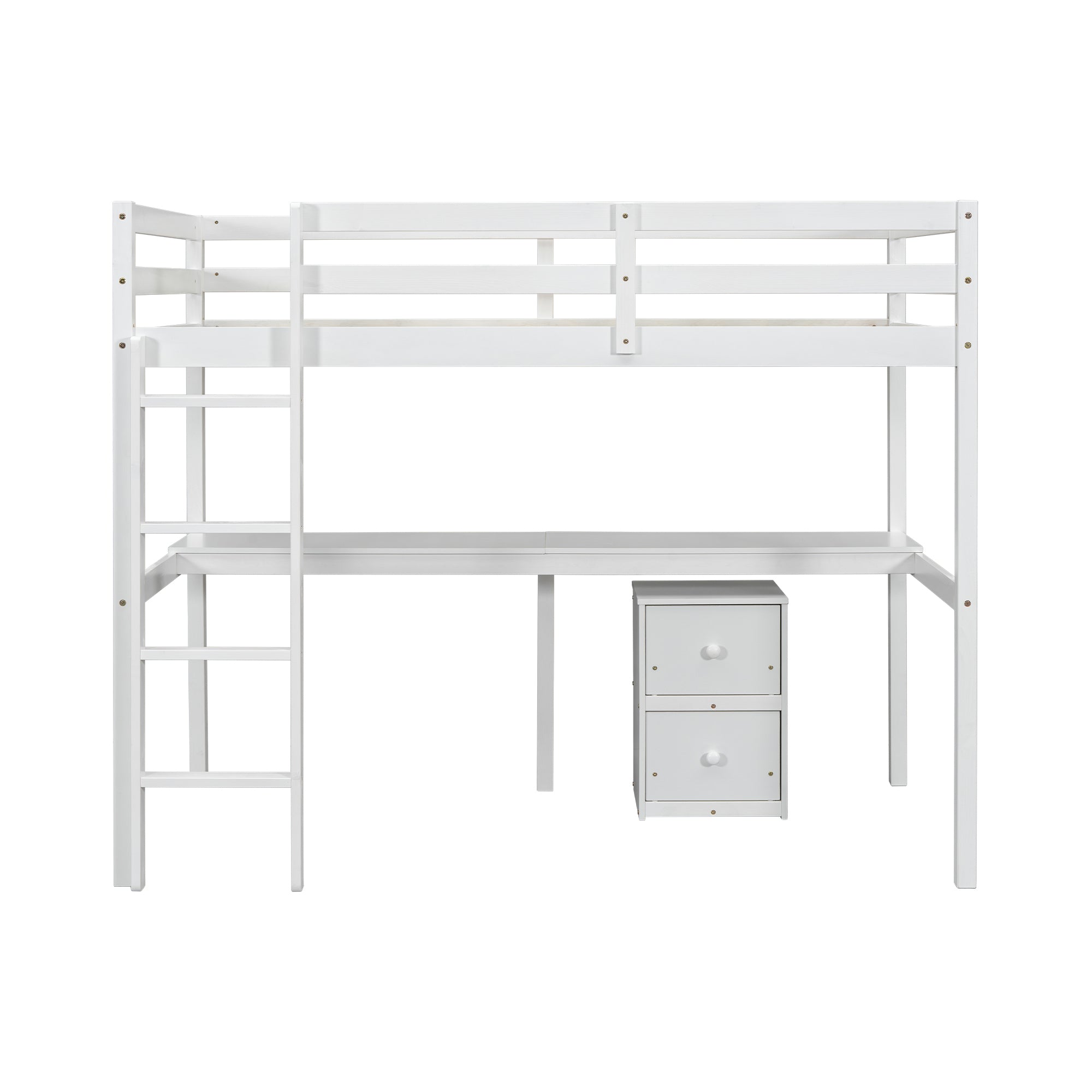 HAOYYE Twin Loft Wood Bed with Under-Bed Built-In Desk and Two-Drawer Storage Cabinet, Guardrails, and Ladder, White Sturdy Space-Saving Design, Heavy Duty Construction, Easy Assembly, Durable Stylish Home Furniture