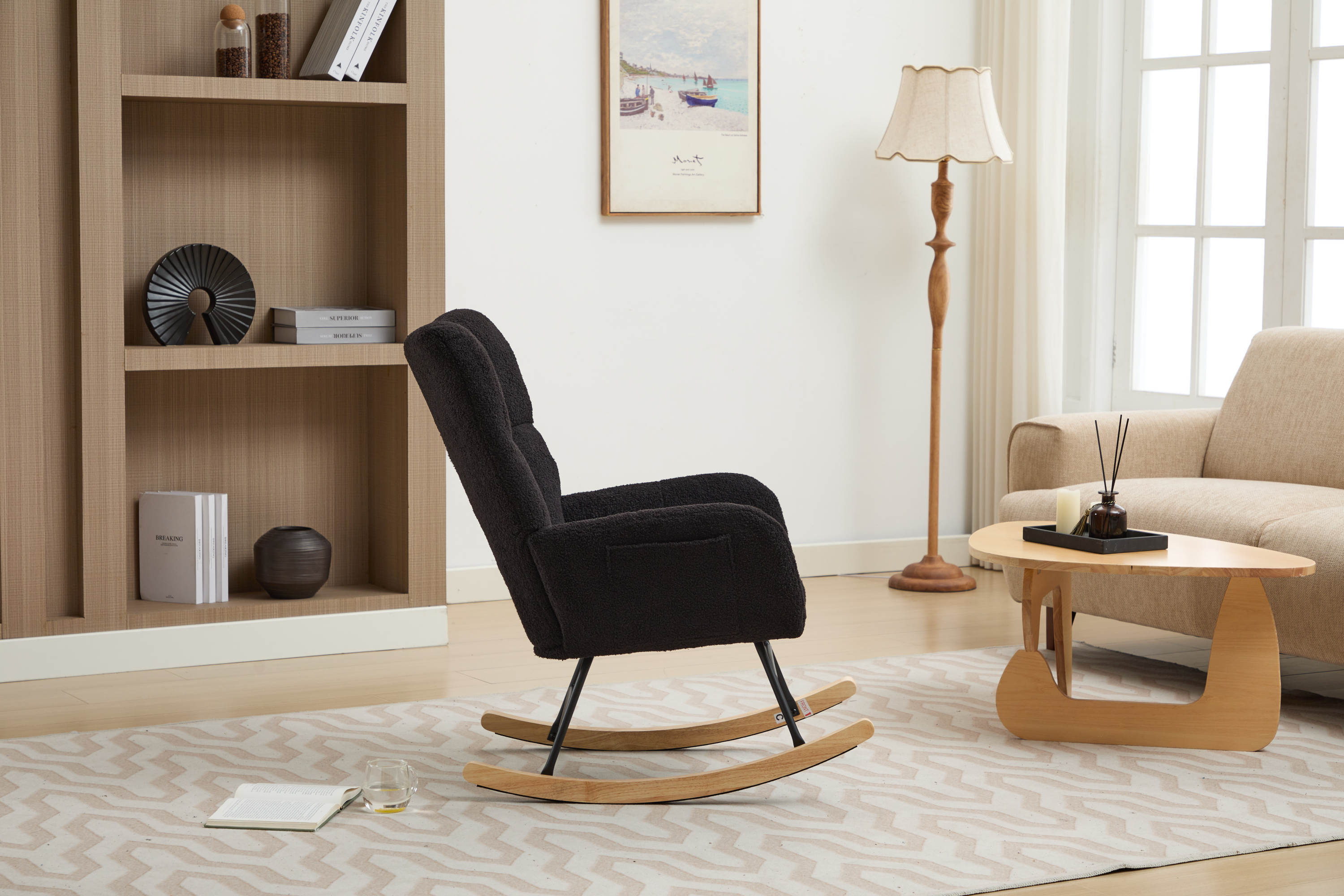 Haoyye Black Modern Nursery Rocking Chair with High Backrest, Soft Teddy Upholstered Glider Accent Armchair with Solid Wood Legs, Gentle Rocker for Bedroom, Living Room, or Nursery, Sturdy and Space-Saving Design for Adults