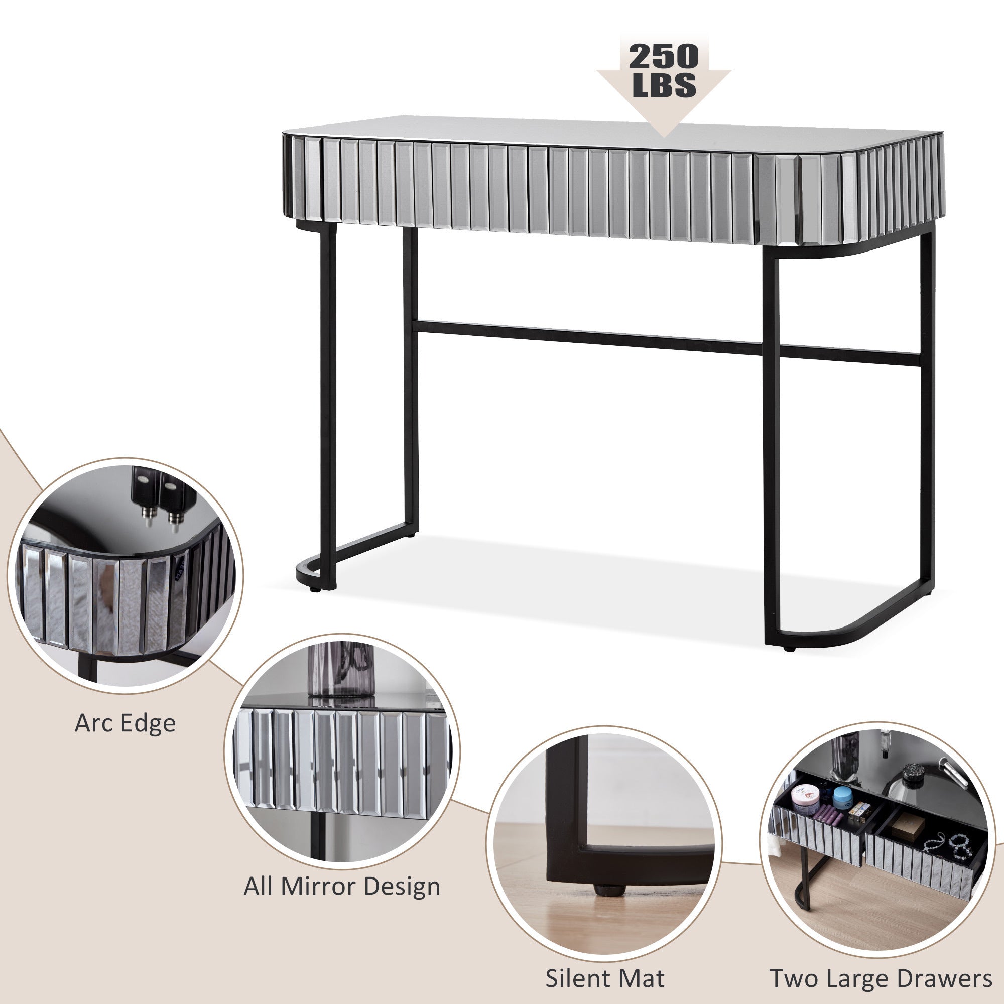 HAOYYE 39" Mirrored Makeup Vanity Table with Stainless Steel Base, Mirrored Console Dressing Table with 2 Drawers,Versatile Desk for Bedroom and Office, Gray