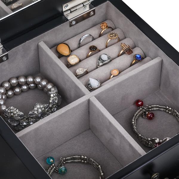 HAOYYE Standing Jewelry Armoire with Mirror, 5 Drawers and 6 Necklace Hooks, Tall Jewelry Cabinet Chest with Top Organizer and 2 Side Swing Doors