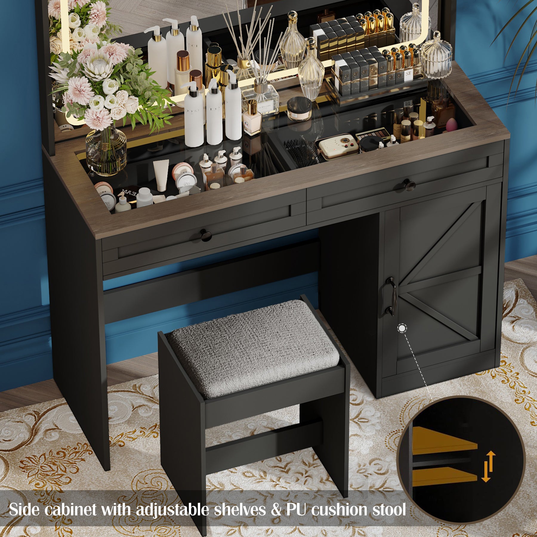 HAOYYE Makeup Vanity Table with LED Light, Large Mirror, Adjustable Brightness, Dressing Table Desk with 3 Drawers, Black Vanity Desk with Stool, Sturdy Space-Saving Design