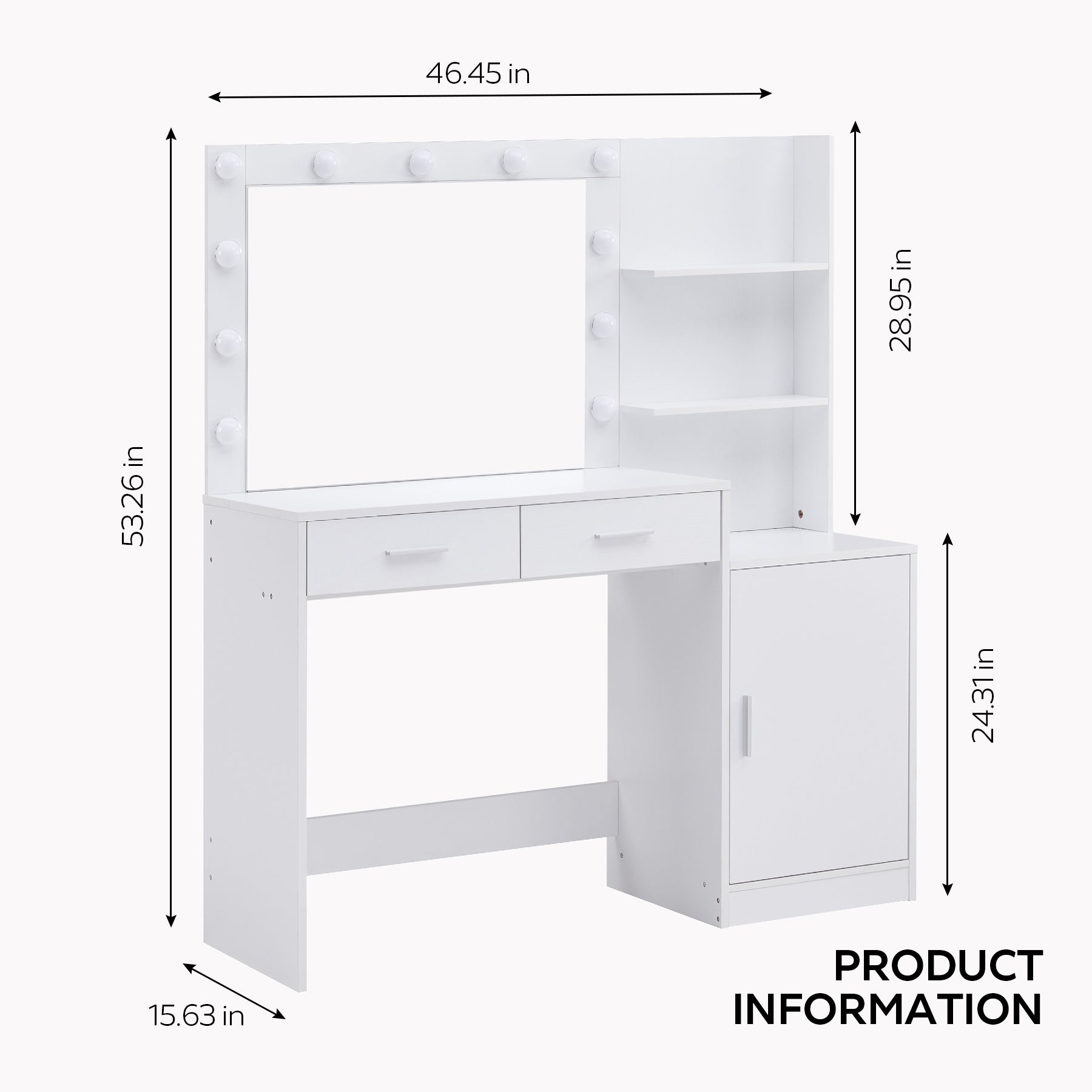 HAOYYE Vanity Desk with Mirror and Lights, 46.4IN Dressing Table with 2 Large Drawer&Large Vertical Organizer, 3 Level Dresser & 3 Lighting Modes Adjustable Brightness, Suitable for Bedroom(White)