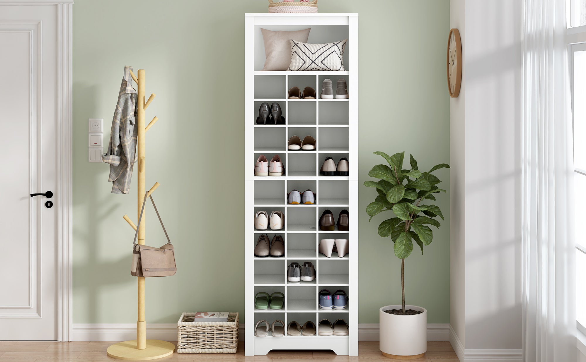HAOYYE ON-TREND Stylish Design 30 Shoe Cubby Console, Contemporary Shoe Cabinet with Multiple Storage Capacity, Free Standing Tall Cabinet with Versatile Use for Hallway, Bedroom, White Sturdy Space-Saving