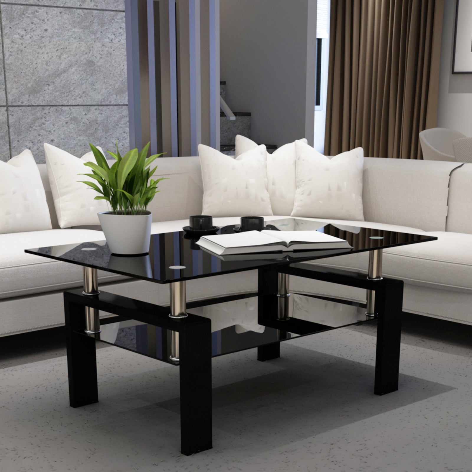 Haoyye Rectangle Black Glass Coffee Table, Clear Modern Coffee Table, Side Center Table for Living Room Furniture, Sturdy Heavy Duty Space-Saving Design, Adults Dorm Room, Easy Assembly