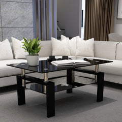 Haoyye Rectangle Black Glass Coffee Table, Clear Modern Coffee Table, Side Center Table for Living Room Furniture, Sturdy Heavy Duty Space-Saving Design, Adults Dorm Room, Easy Assembly
