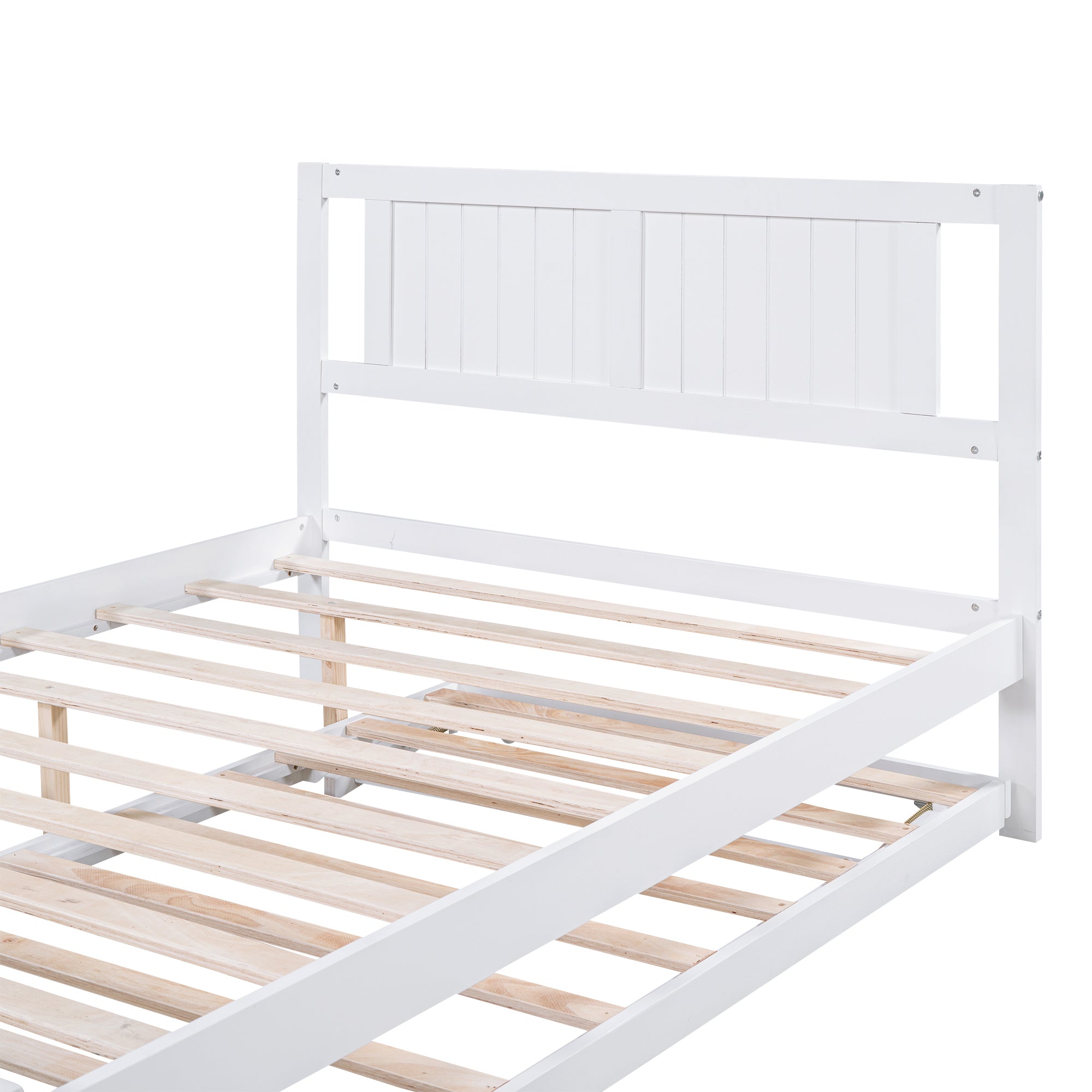HAOYYE Full Size Platform Bed with Adjustable Trundle, White, Space-Saving Modern Design, Sturdy and Heavy-Duty Wood Frame, Ideal for Guest Room, Apartment, or Dorm, Easy Assembly Bedroom Furniture