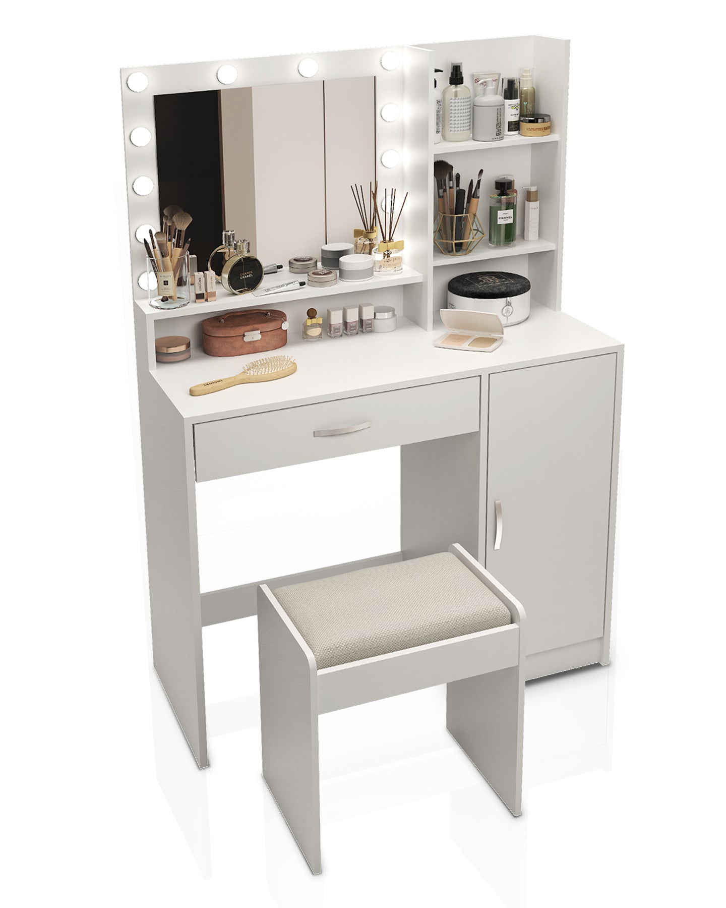 HAOYYE Vanity Desk with Mirror & Light, Large Drawer Three-Level Storage Dresser, 3 Lighting Modes with Adjustable Brightness, Modern Luxury Bedroom Dressing Table, White with Stool