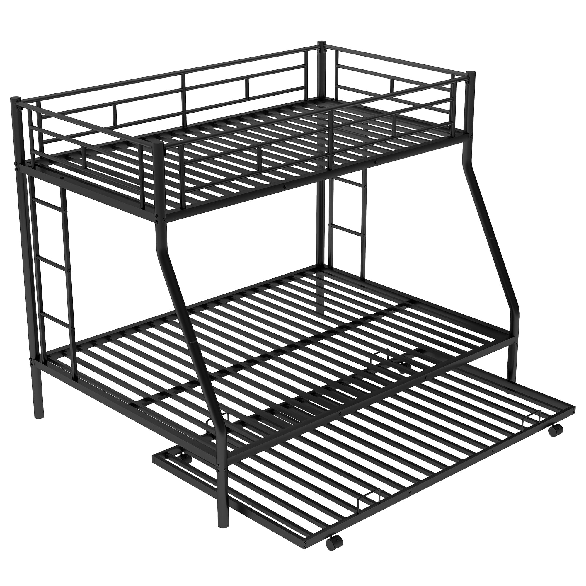 HAOYYE Twin over Full Bed with Sturdy Steel Frame, Bunk Bed with Twin Size Trundle, Two-Side Ladders, Black Space-Saving Heavy Duty Modern Design Easy Assembly Durable Stylish Versatile