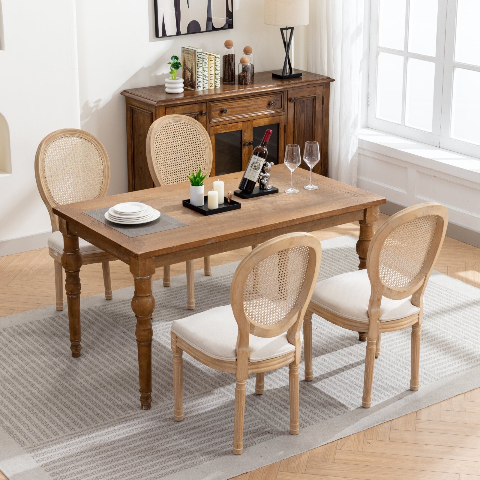 HAOYYE French Style Solid Wood Frame Antique Painting Linen Fabric Rattan Back Dining Chair,Set of 2,Cream,Beige Sturdy Space-Saving Heavy Duty Modern Design Adults Dorm Room Easy Assembly