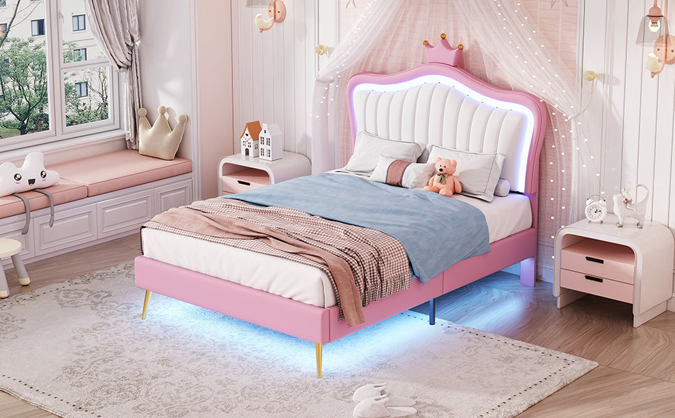 HAOYYE Twin Size Upholstered Bed Frame with LED Lights, Modern Upholstered Princess Bed With Crown Headboard,White+Pink Sturdy Space-Saving Heavy Duty Modern Design Adults Dorm Room Easy Assembly