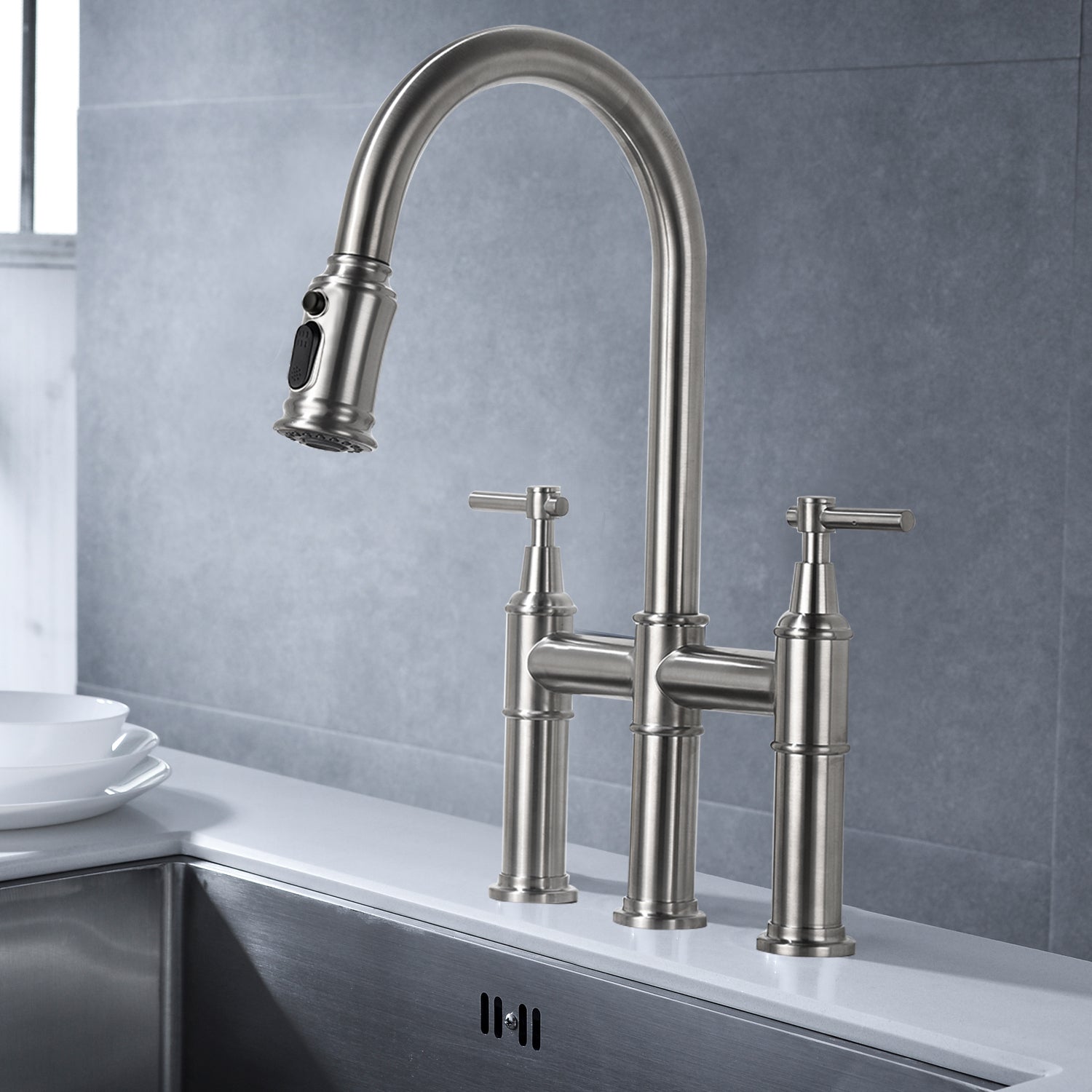 HAOYYE Bridge Kitchen Faucet with Pull-Down Sprayhead in Spot Sturdy Space-Saving Heavy Duty Modern Design Adults Dorm Room Easy Assembly Bedroom Furniture