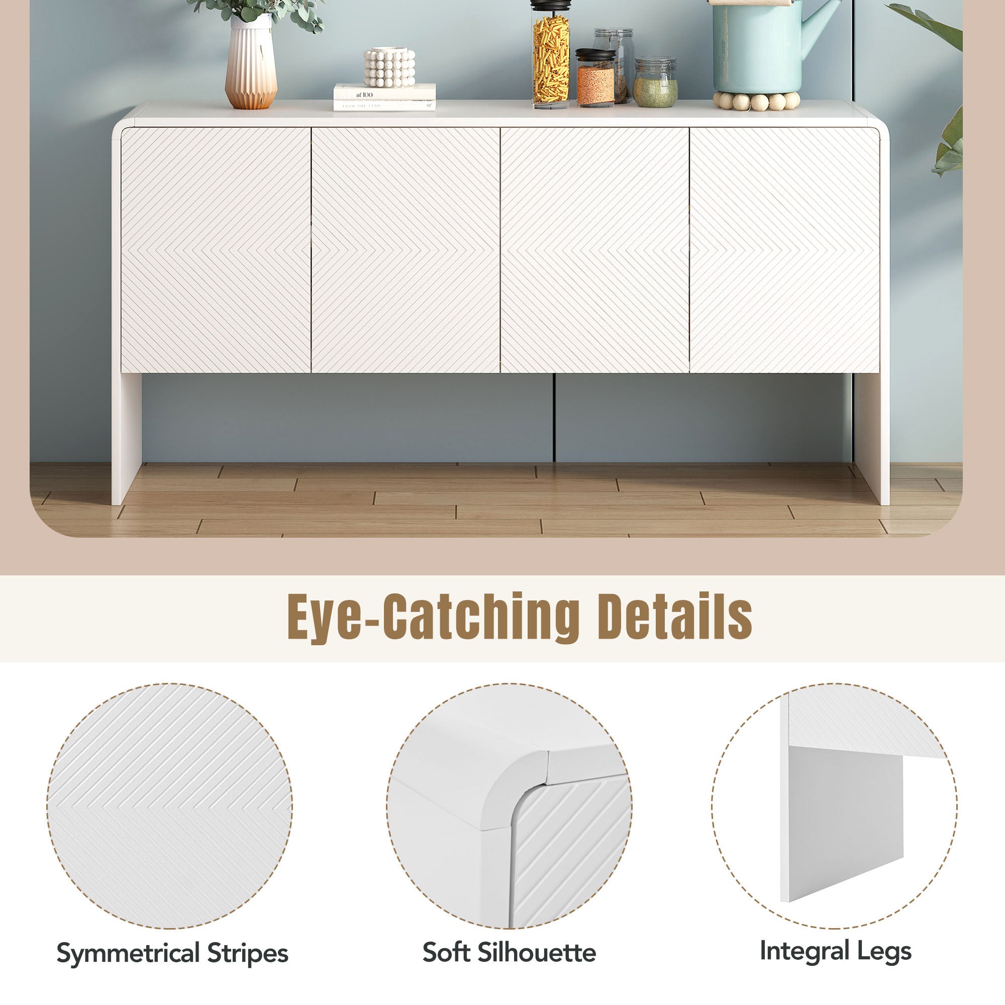 HAOYYE Minimalist Style 60"L Large Storage Space Sideboard with 4 Doors and Rebound Device for Living Room and Entryway (White) Sturdy Space-Saving Heavy Duty Modern Design Adults Dorm Room